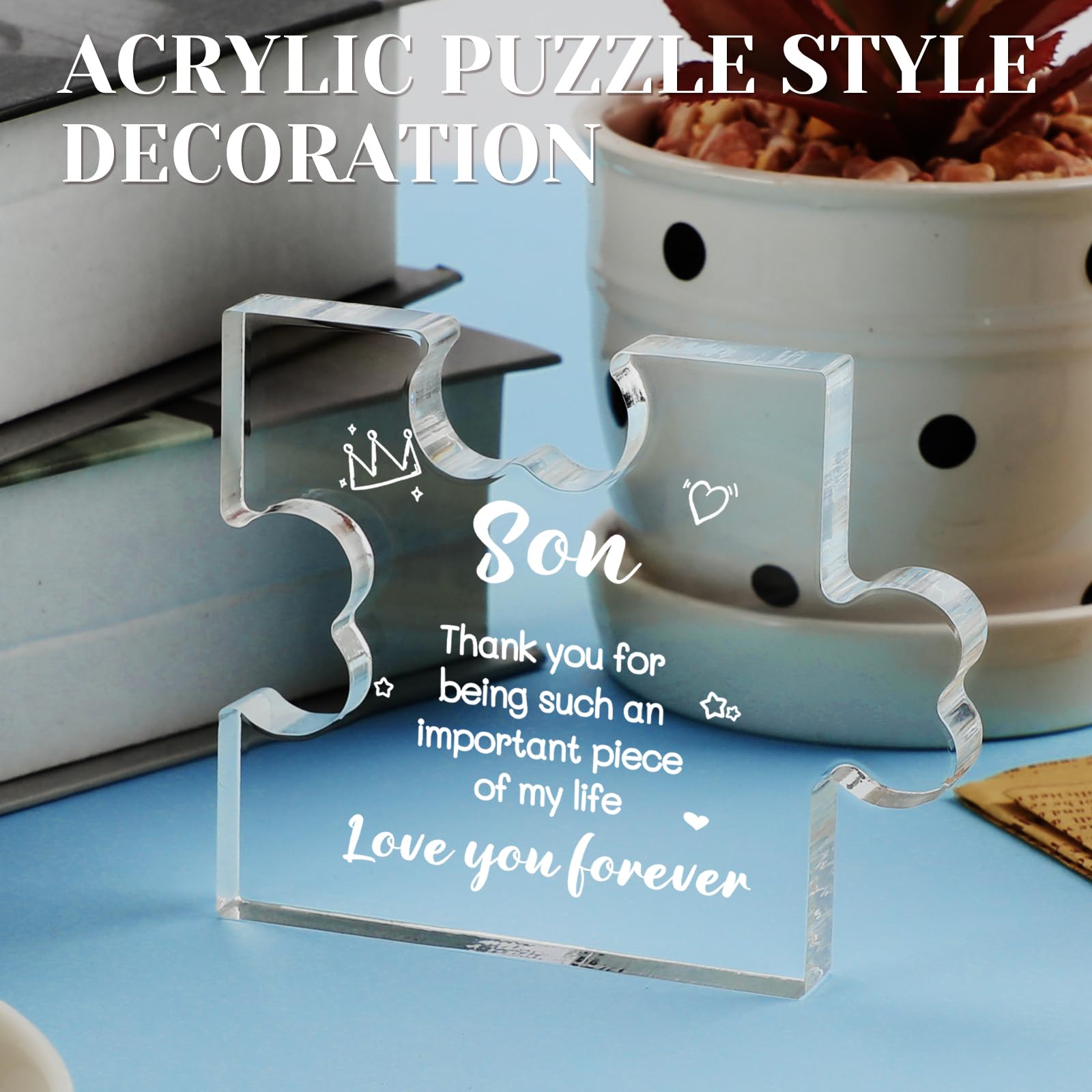 Funnli Gifts for Son from Mom, Fathers Day Graduation Christmas Valentines Day Wedding Easter Gifts for Son Acrylic Puzzle Plaque, Birthday Gifts for Son 3.35 x 2.76 Inch Desk Decorations