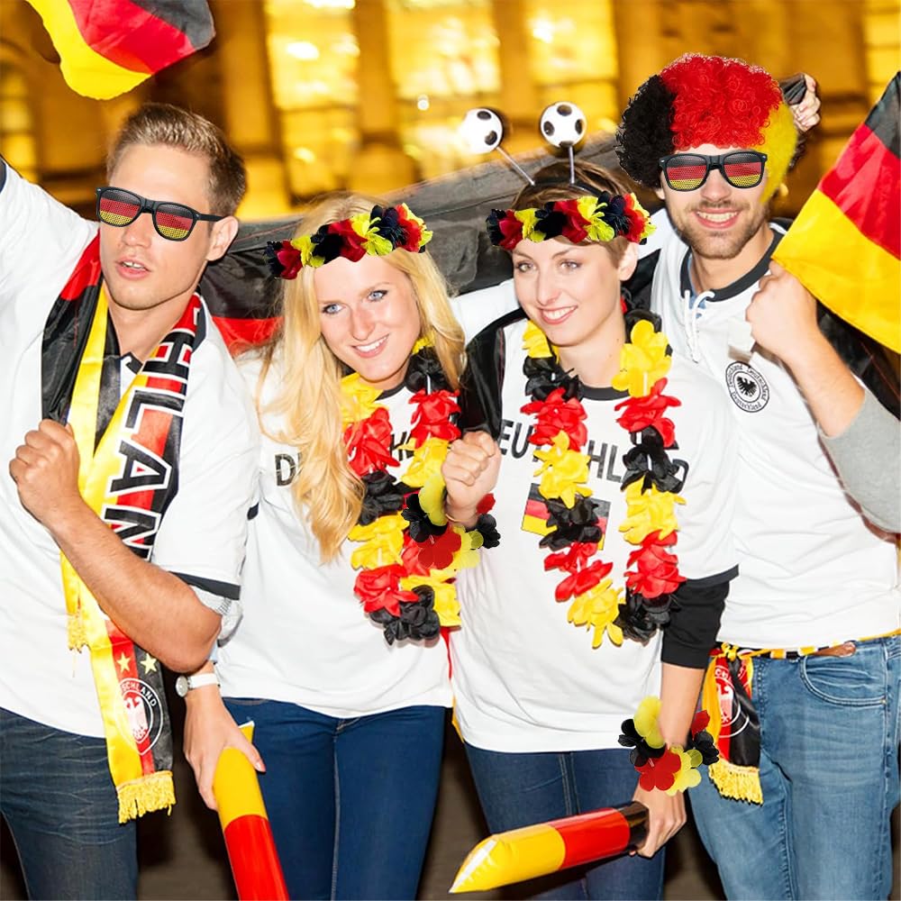 Deutschland Fanartikel Set für Fußball Wm 2026, 12 Teiliges Fanpaket EM Fußball mit Perücke Brille Girlanden Aufkleber Brosche Hand-Flaggen und Pfeife für Party Stadion Public Viewing - 4