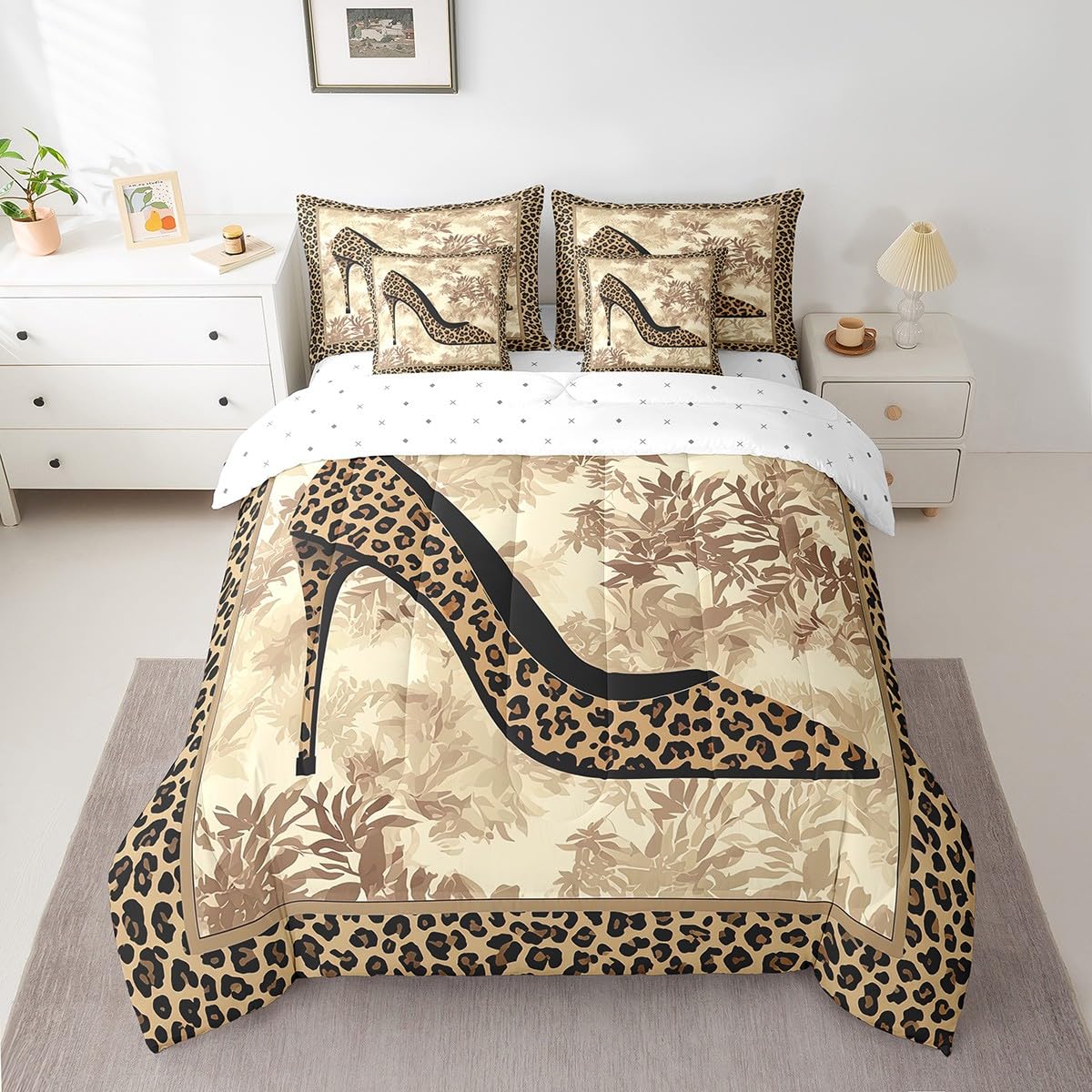 Erosebridal Leopard Print Lady High Heels Bed in a Bag Queen Comforter Set 7 Piece,Girly Women Cheetah Skin High-Heeled Shoes Bedding Sets Plant Palm