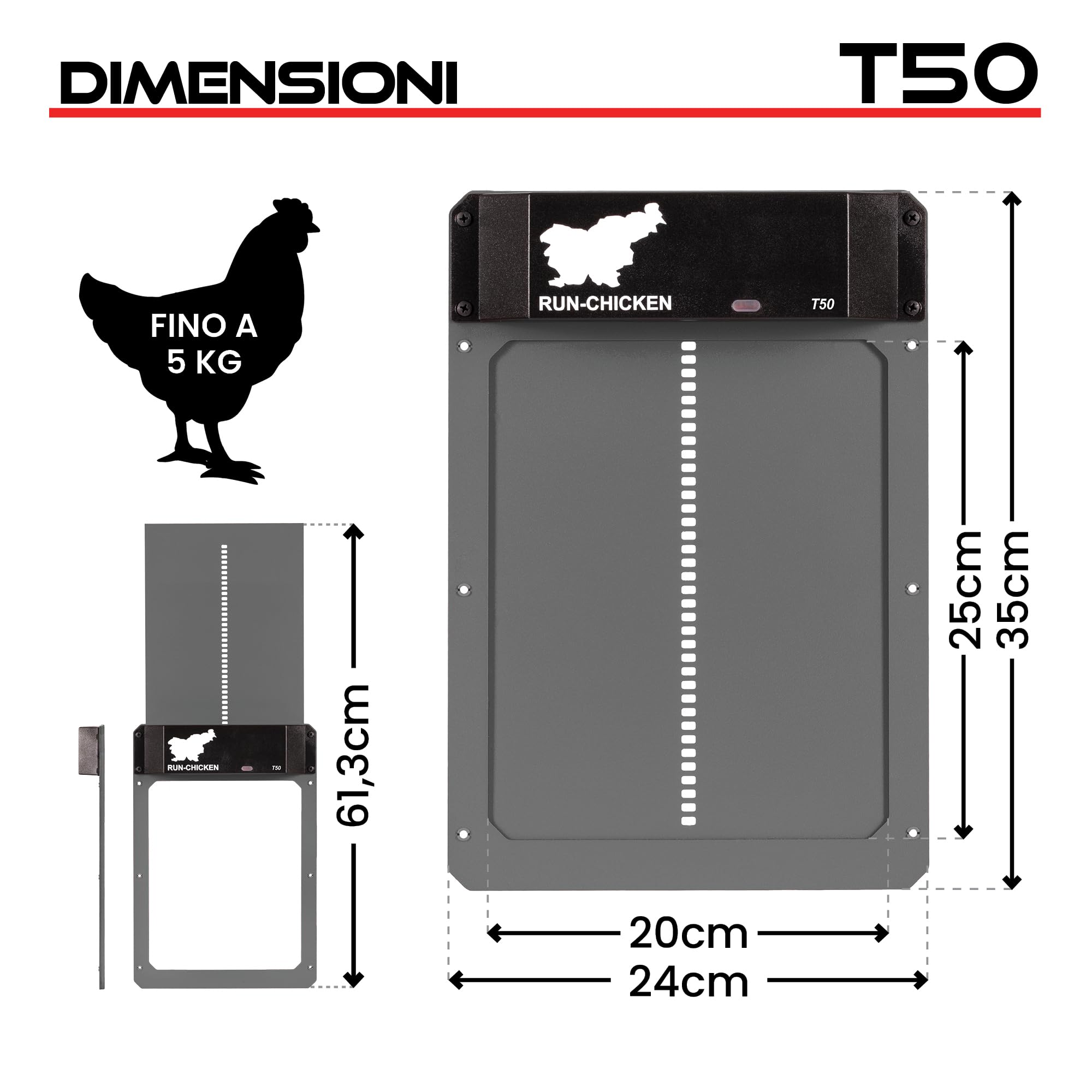 RUN-CHICKEN Porta T50 – sportello automatico per polli in alluminio, a batteria e resistente alle intemperie, controllo tramite app e timer, sicuro dai predatori, installazione semplice, prestazioni