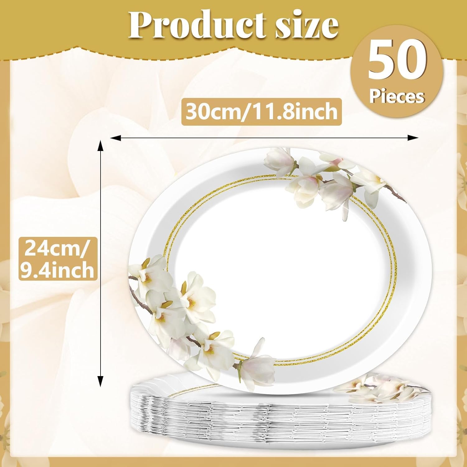 50 Count Floral White Magnolia Oval Plates Spring Flower Disposable Plates 11*9inch Magnolia Paper Plates Blossom Large Disposable Platter for Wedding Anniversary Baby Shower Bridal Party Supplies