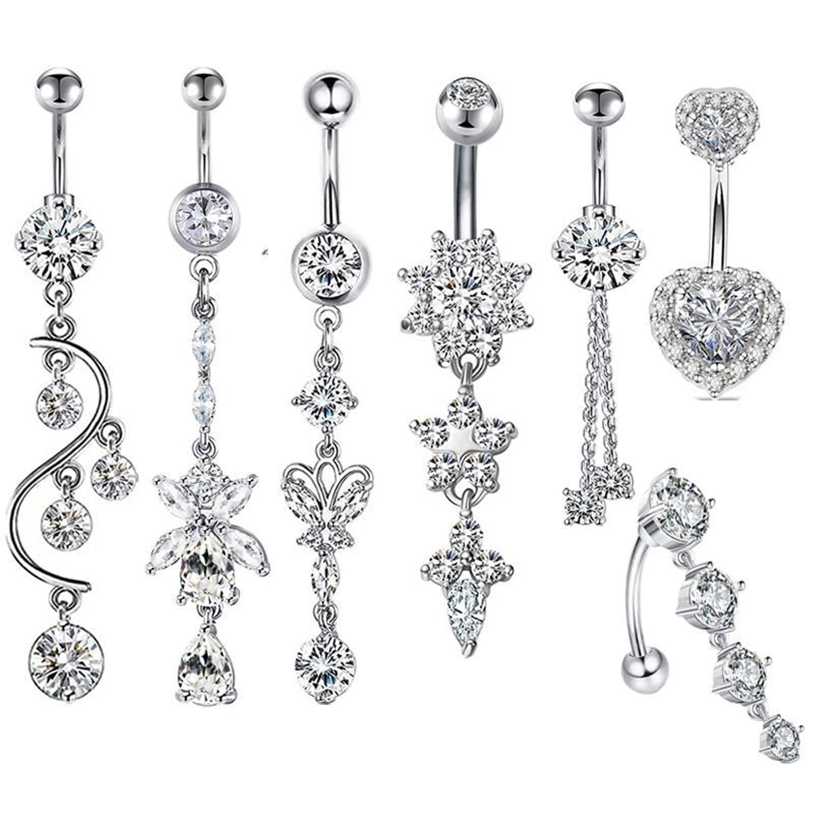 Bauchpiercing, Bauchnabelpiercing Glitzer Edelstahl 7 Stück 14G Weiß Herzform Zirkonia Blumen Rundes Herz Anhänger Design