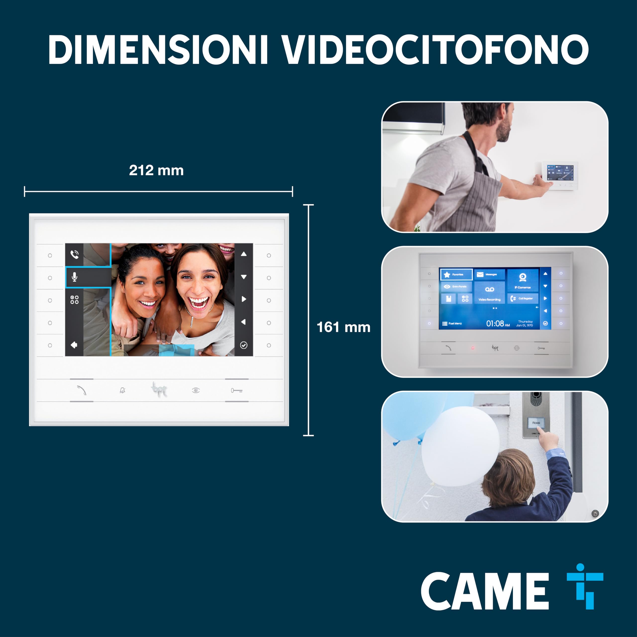 CAME Kit videocitofonico monofamiliare include videocitofono bianco FUTURA X1 vivavoce display LCD 7˝ tasti soft touch, targa esterna LCV/01, pulsante singolo con targhetta porta-nome e alimentatore