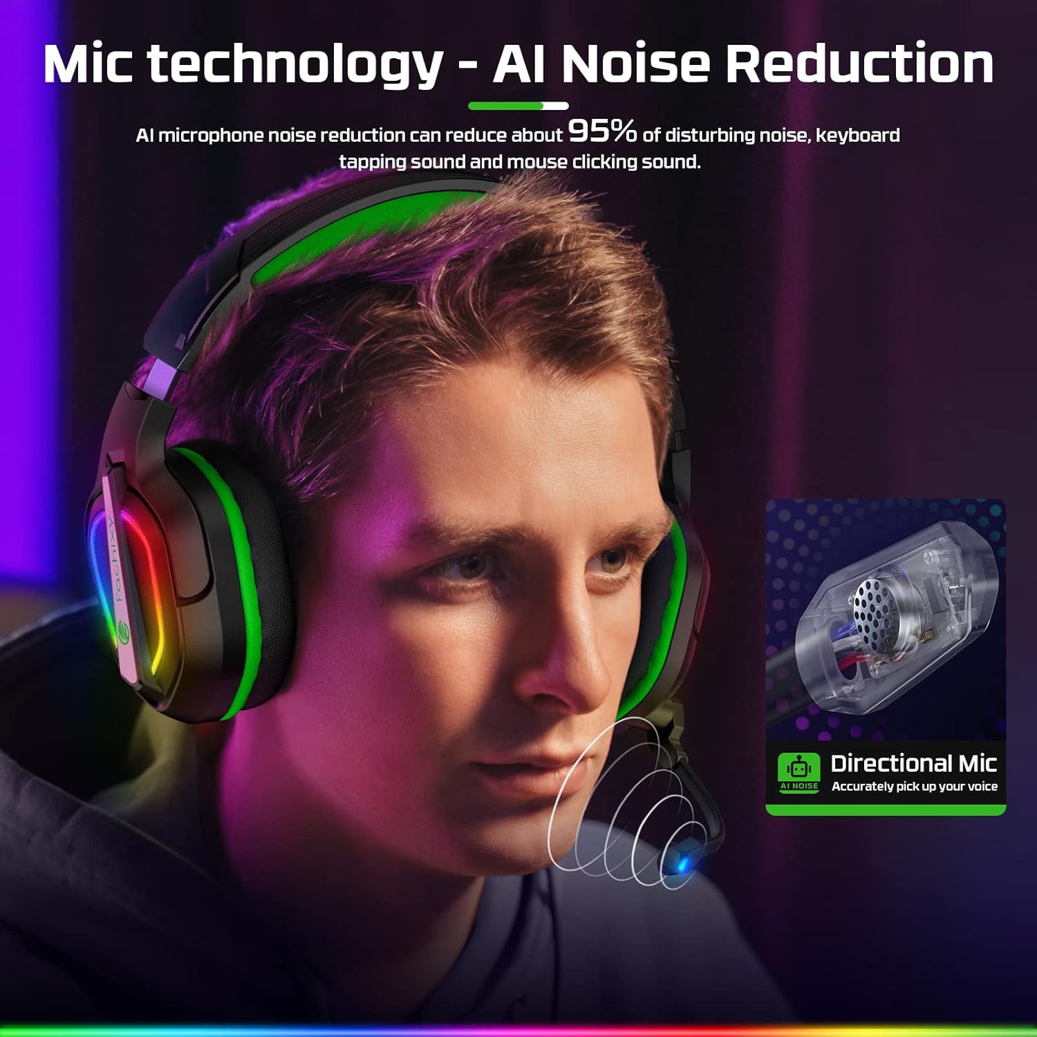 FC200 Foldable Gaming Headset for PS4, PS5, PC, Xbox, Switch - Wired Gaming Headphones with ENC Mic && RGB Light