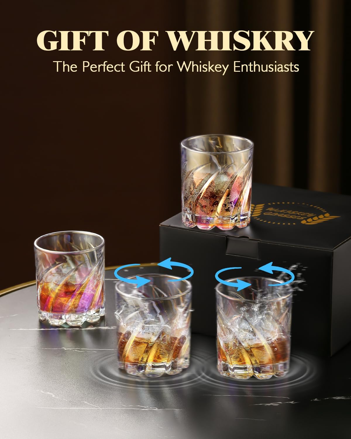 Spinning Whiskey Glasses Set of 4, 10 Oz Old Fashioned Glasses in Gift Box, Iridescent Bourbon Glasses, for Scotch Cocktail Rum Cognac Vodka Liquor, Unique Gifts for Men (4pcs-whisky glasses) - Image 6