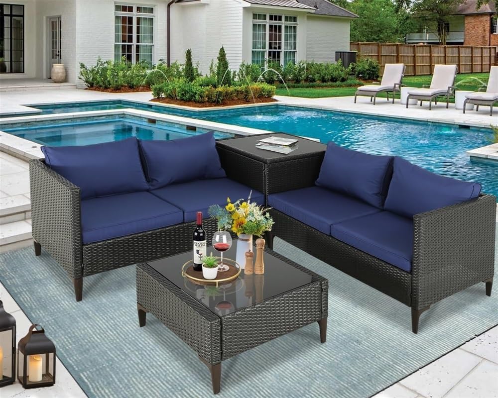 Patio Furniture Set Outdoor Rattan Sectional Porch Furniture Wicker Patio Conversation Set Seating Sofa with Storage Box Glass Top Table for Backyard Garden Poolside