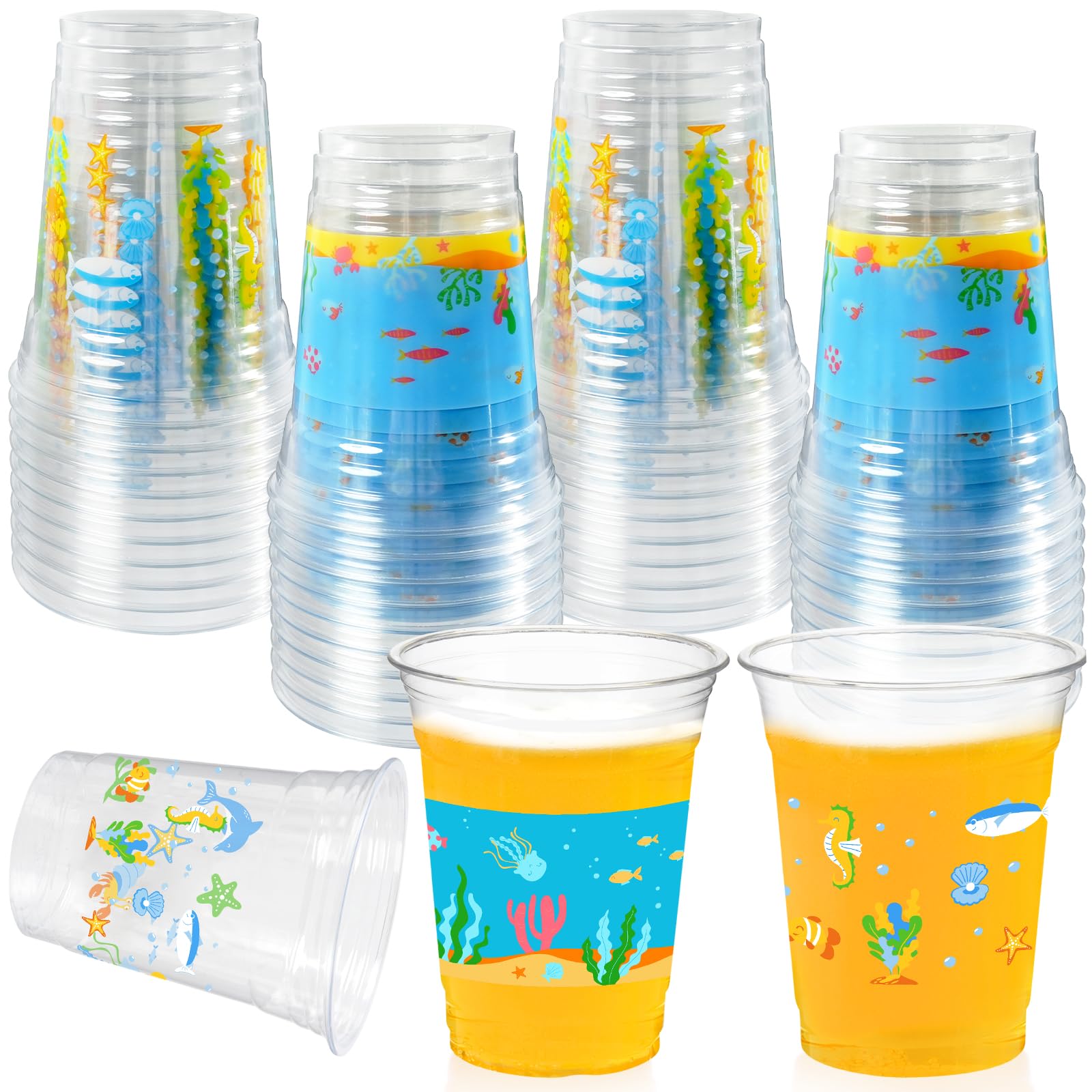 50 Stück Ozean-Motiv Becher, 340 Ml – Wiederverwendbare Kunststoffbecher Mit Meeresschildkröten, Perfekt Für Geburtstags- & Sommerpartys