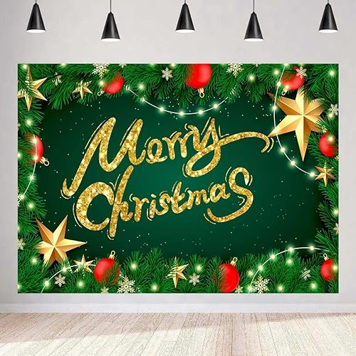 Merry Christmas Backdrops Pine Leaves Backdrop 9x6ft Green Leaves Stars Photography Background for New Years Party Decor Banner Cake Table Photo