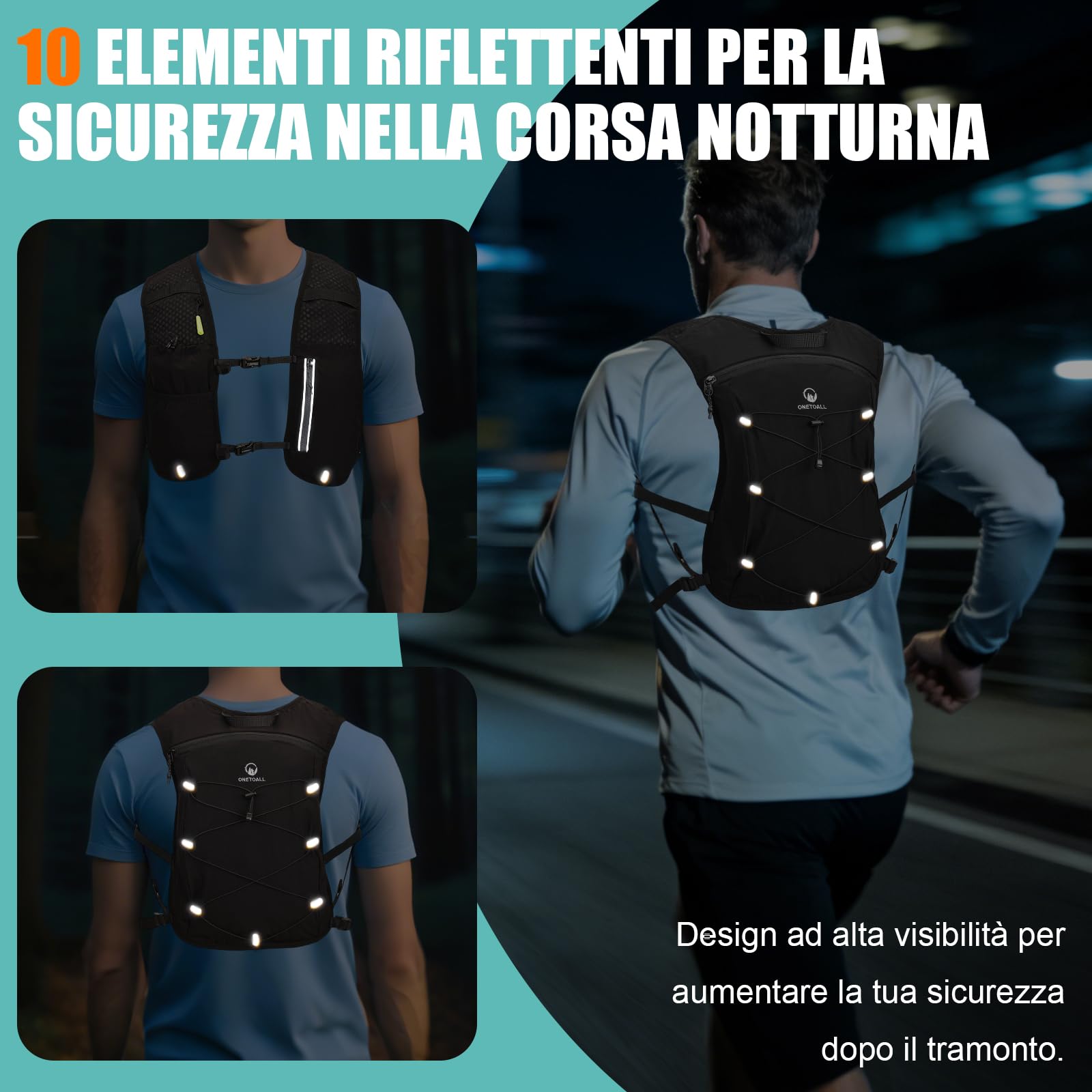 Gilet Running Uomo Donna, Zaino Trail Running, Running Vest con Soft Flask 500ml y Luce LED, Gilet Corsa Traspirante Riflettente per Jogging Marathon Trekking Ciclismo, Leggero Solo 175g