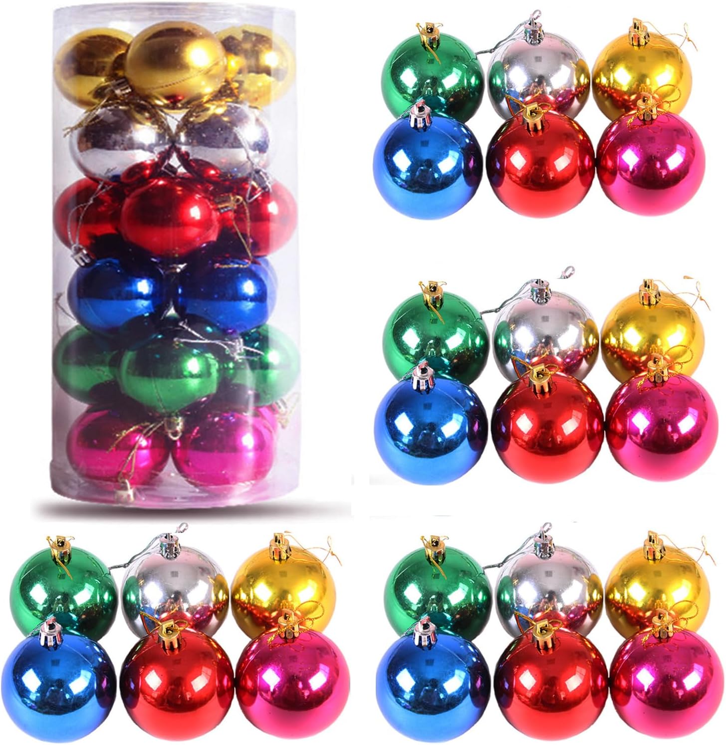 60mm 24ct Christmas Balls Ornaments Christmas Decorations for Home Christmas Tree Ornaments Shatterproof Plastic Christmas Ball Ornaments Festive Party Pendant Room Decor (6 Colors Mixed/6 cm)