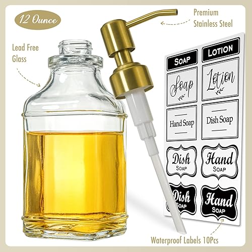 Miniatura 2 de JASAI Dispensador de jabón de vidrio cuadrado antiguo con bomba dorada a prueba de óxido, dispensador de jabón recargable con 10 calcomanías para