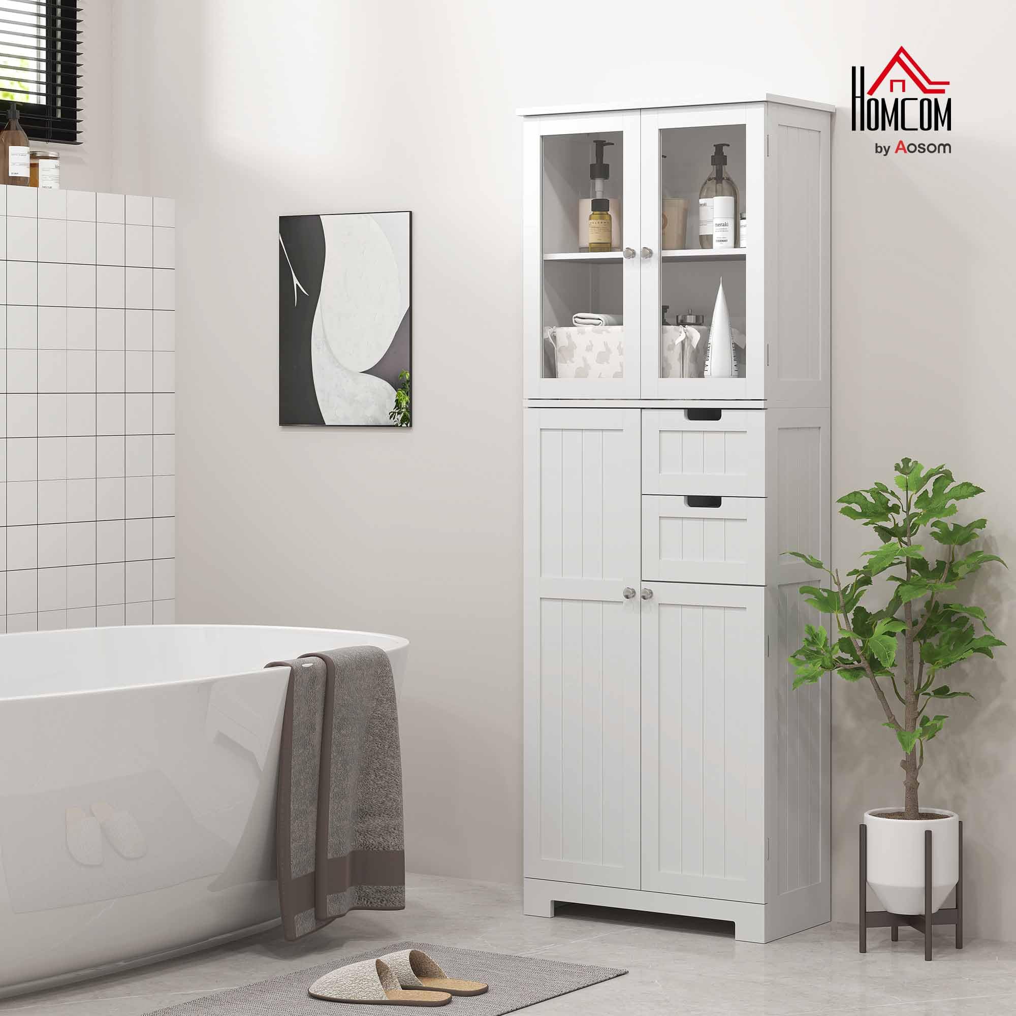 HOMCOM Meuble de Salle de Bain Haut, Meuble de Rangement, Colonne Salle de Bain avec 4 Portes Dont 2 vitrées, 2 tiroirs et étagères réglables, Style Moderne, pour Salon, Chambre, 60x30x170cm, Blanc