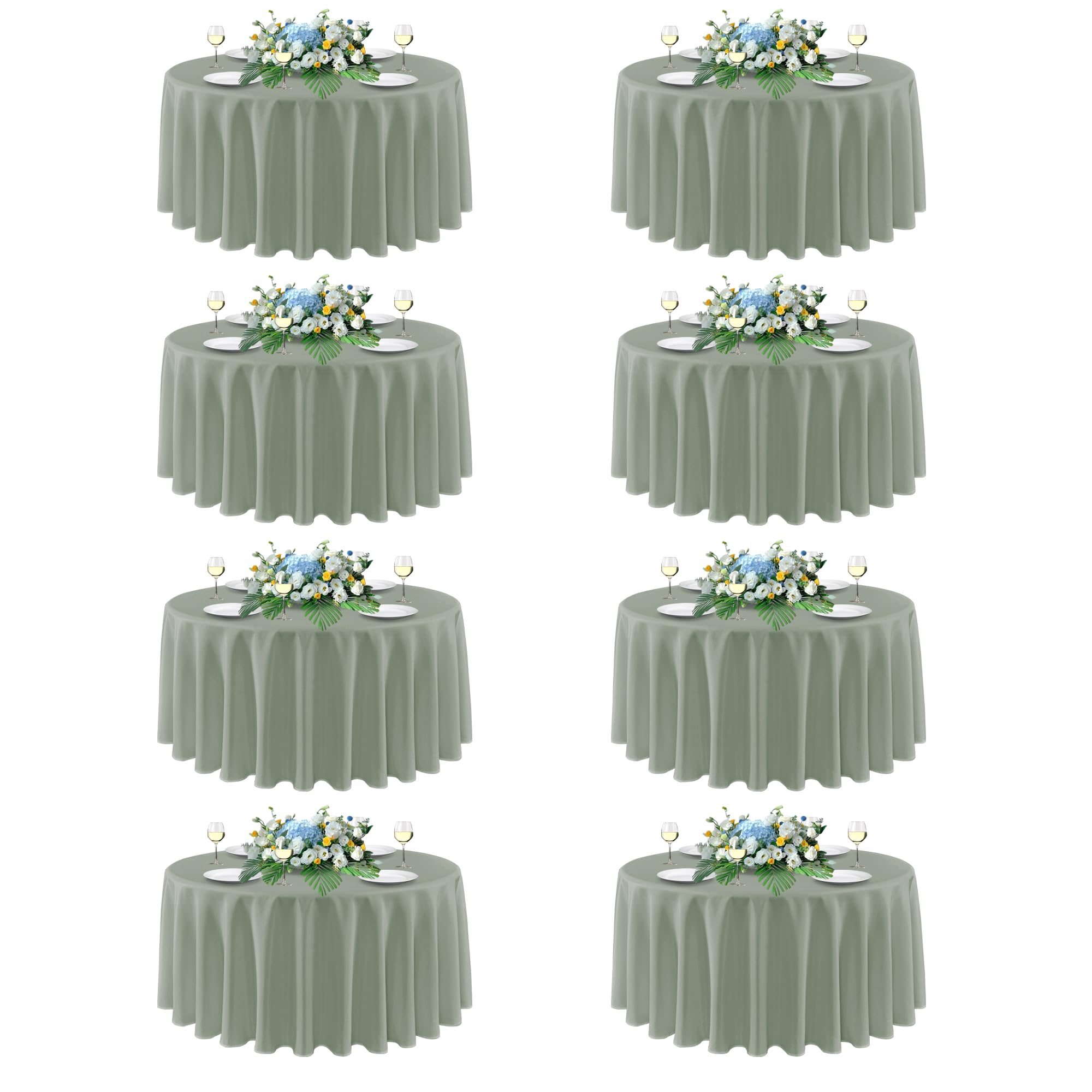 sancua Round Tablecloth 90 Inch Fit 30-72 Inch Tables, 8 Pack Sage Green