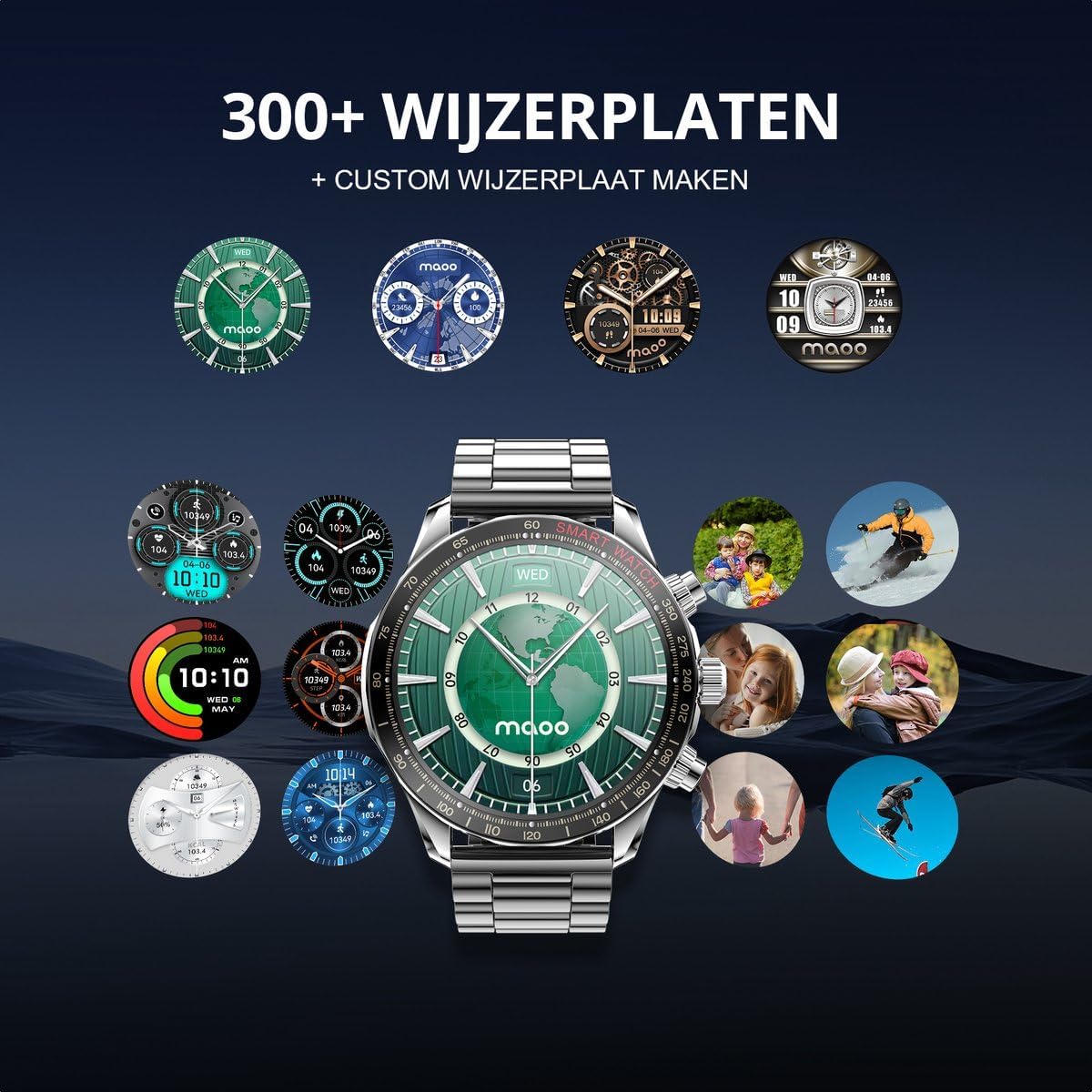 A collage of various watch faces available for the Maoo Titan smartwatch, including customizable options.