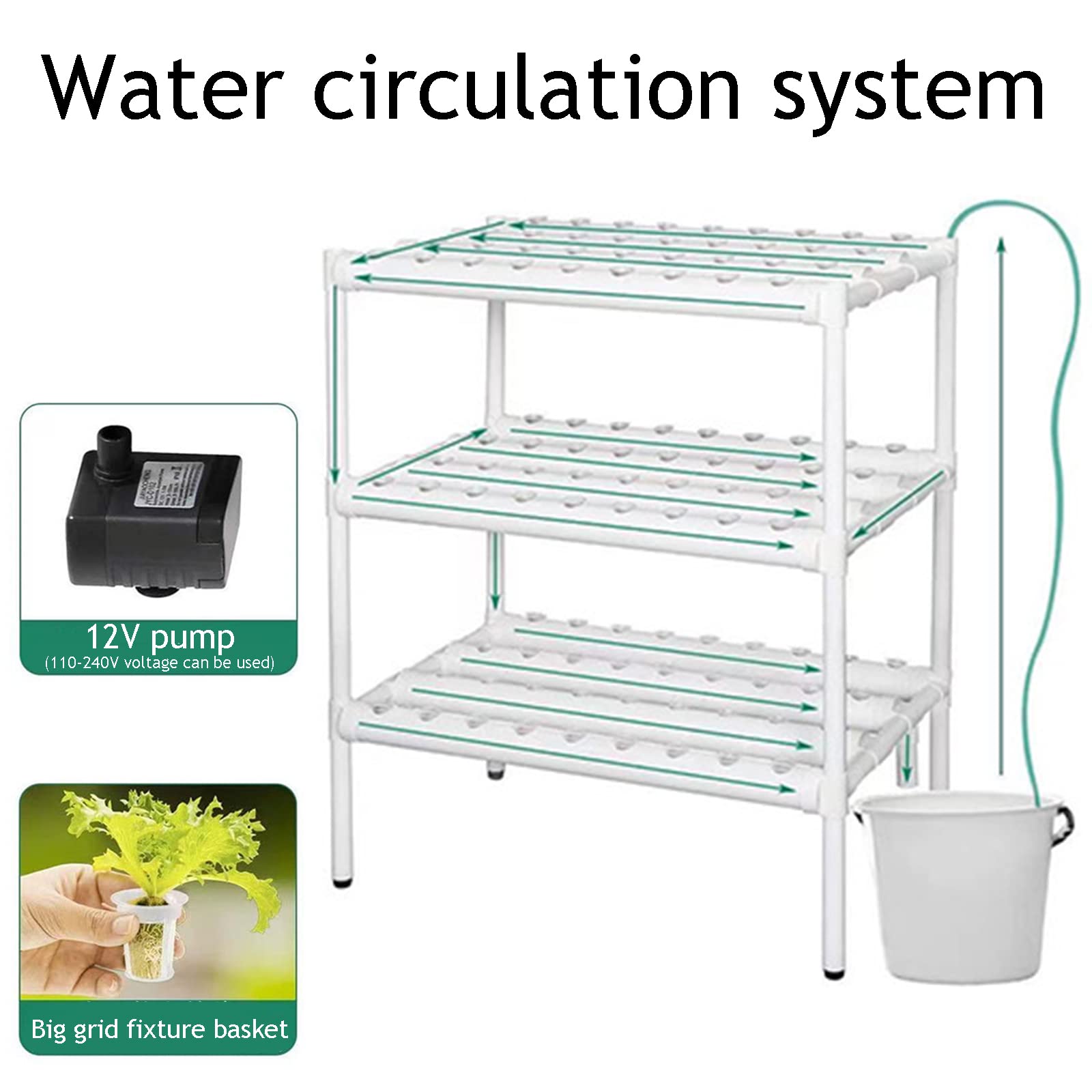 Coltivazione Idroponica Hydroponic Site Grow Kit 108 Siti 12 Tubi in PVC-U Sistema Operativo da Giardino Senza Terra con Pompa dell'Acqua per Verdure A Foglia Insalata Fiori