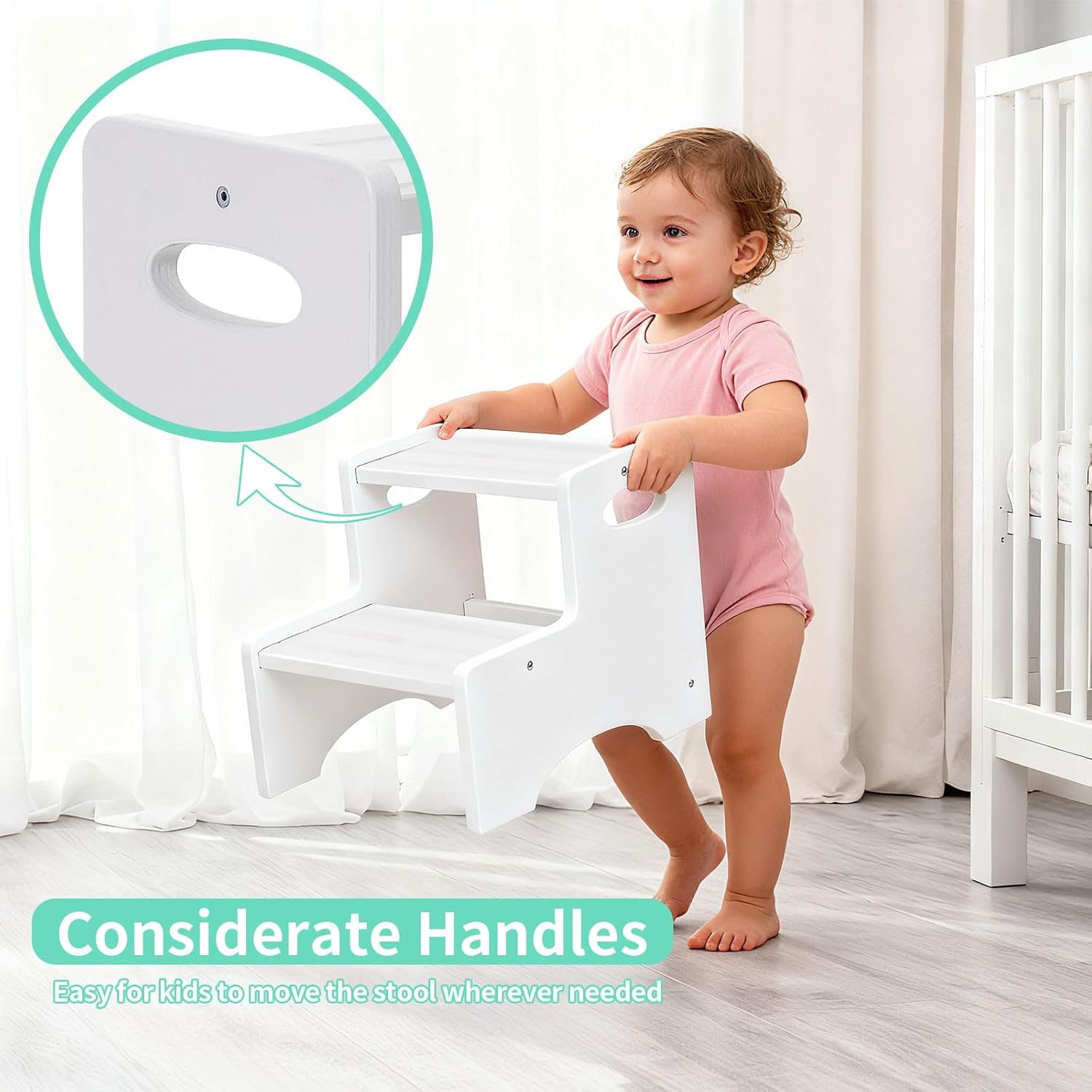 Wooden Toddler Step Stool for Kids, Two Step Stool with Non-Slip Pads & Handles, Potty Training Stool for Bathroom Sink, Toilet, Kitchen, Bedroom (White)