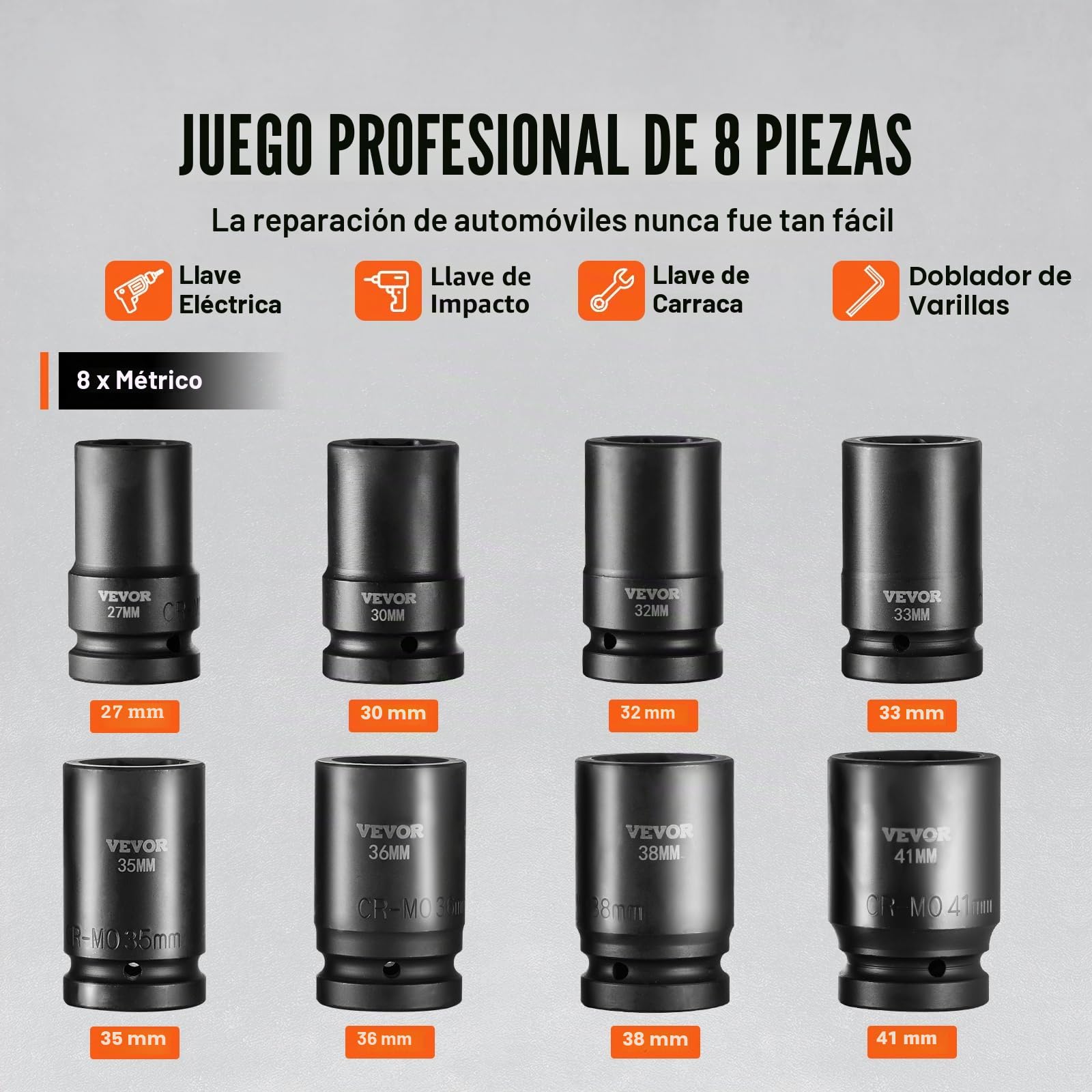 VEVOR Juego de Vasos de Impacto 1" Juego de Vasos de Impacto Métricos 8 piezas 27-41 mm Acero de Aleación CR-Mo 6 Puntos Marcas de Tamaño Fáciles de Leer para Reparación de Automóviles, Taller