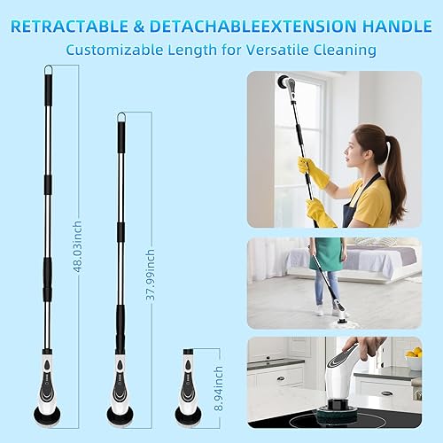 Miniatura 5 de Limpiador giratorio eléctrico blanco, limpiador giratorio inalámbrico con 8 cabezales de cepillo reemplazables, cepillo eléctrico con mango de