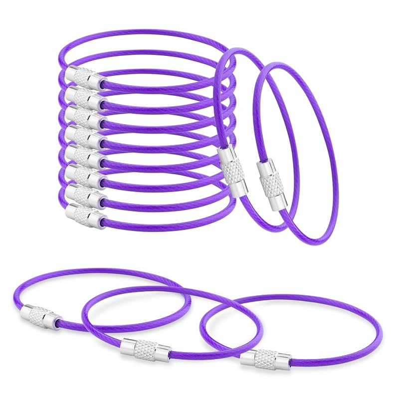 CooBigo Kit com 12 Chaveiros de Cabo de Aço Inoxidável Revestido em Nylon, 2 mm, 15 cm, Roxo