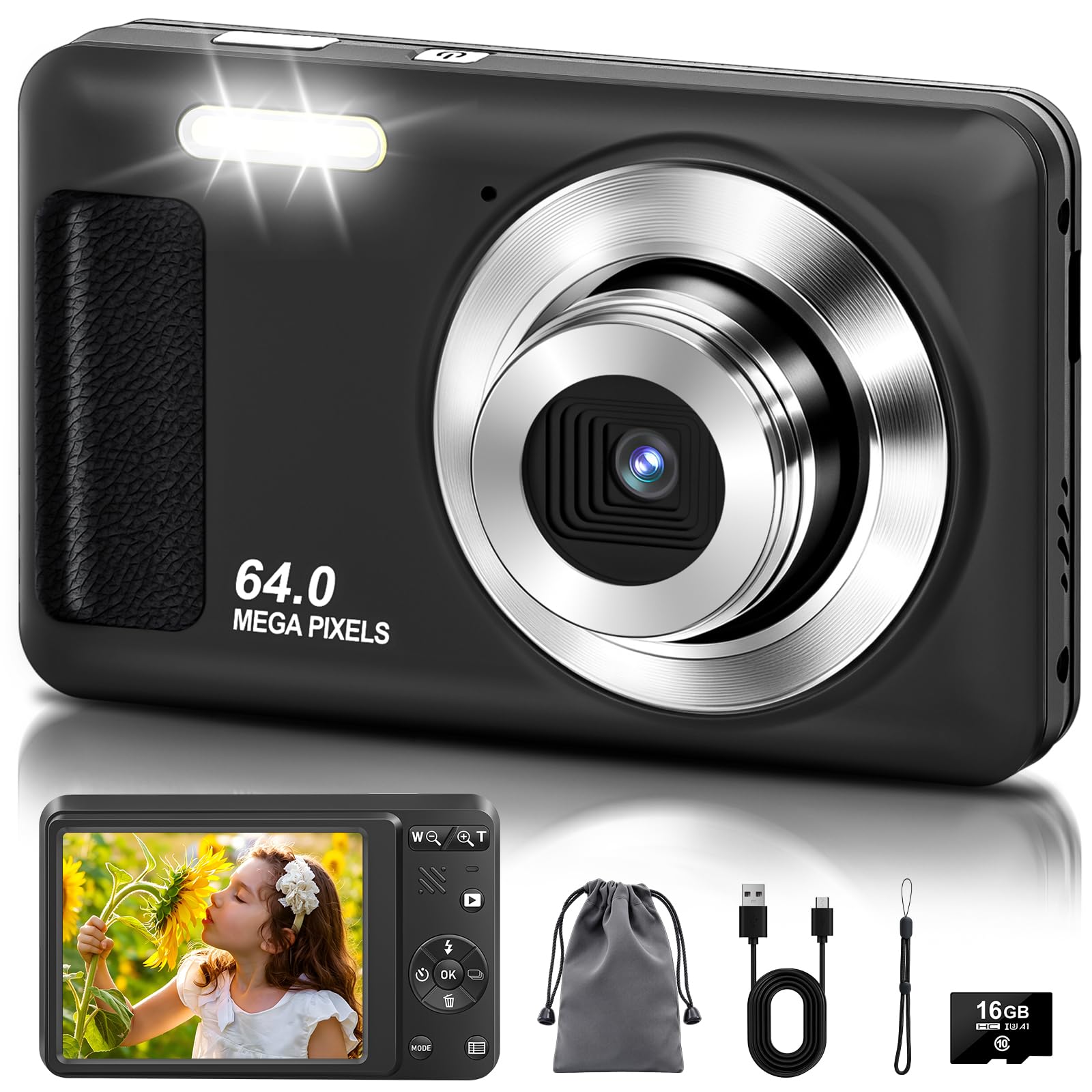 4K 64MP Digitalkamera 2,8" IPS Display Fotokamera Autofokus Fotoapparat | 16GB Micro-SD-Karte, 16X Digitalzoom, 11 Effekte Kompaktkamera für Teenager Erwachsene Anfänger