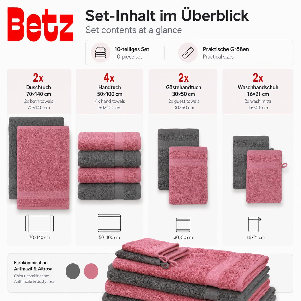 Betz set di 10 asciugamani Premium 100% cotone 2 teli doccia 4 asciugamani 2 asciugamani per ospiti 2 guanti da bagno colore antracide e rosa antico
