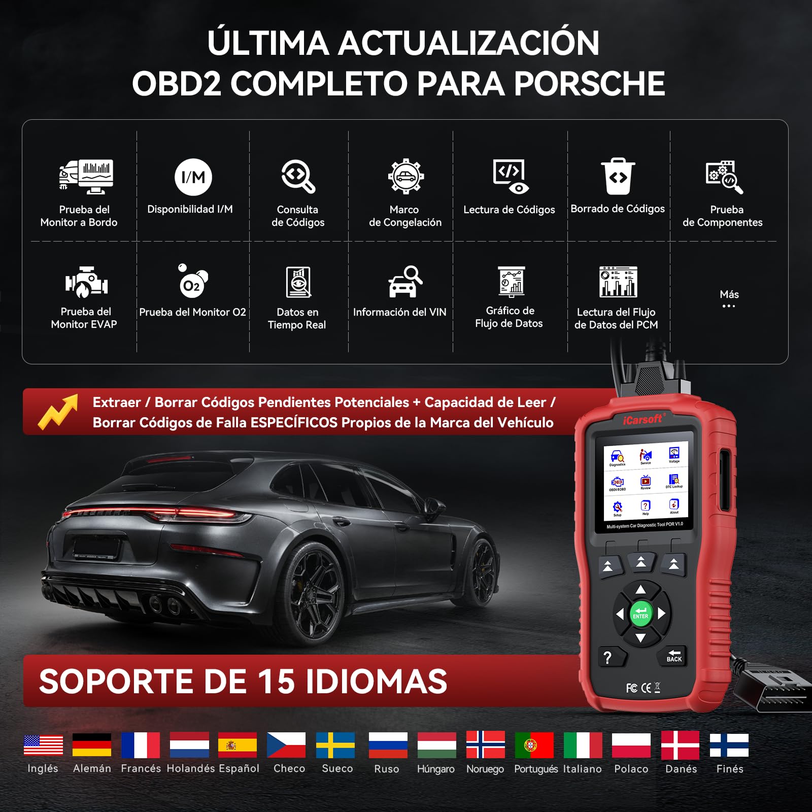 iCarsoft por V1.0 OBD2 Máquina Diagnosis Coche para Porsche/Cayenne/Macan, Escáner de Todo el Sistema, Reinicio de Aceite, Calibración SAS, Prueba de Batería, Actualización de por Vida