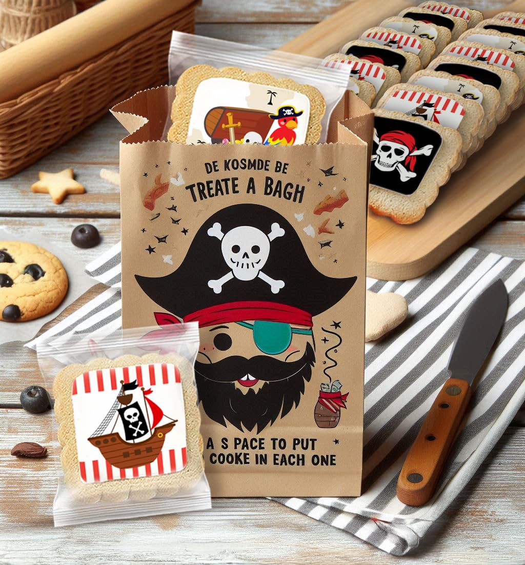 Pirate Themed Cookies Party Favors Birthday Baby Shower | Individually Wrapped 24 Pack Bulk | Theme Printed Cookie Treats snack Treasure Chest Pirate ship Skull For Kids and Adults