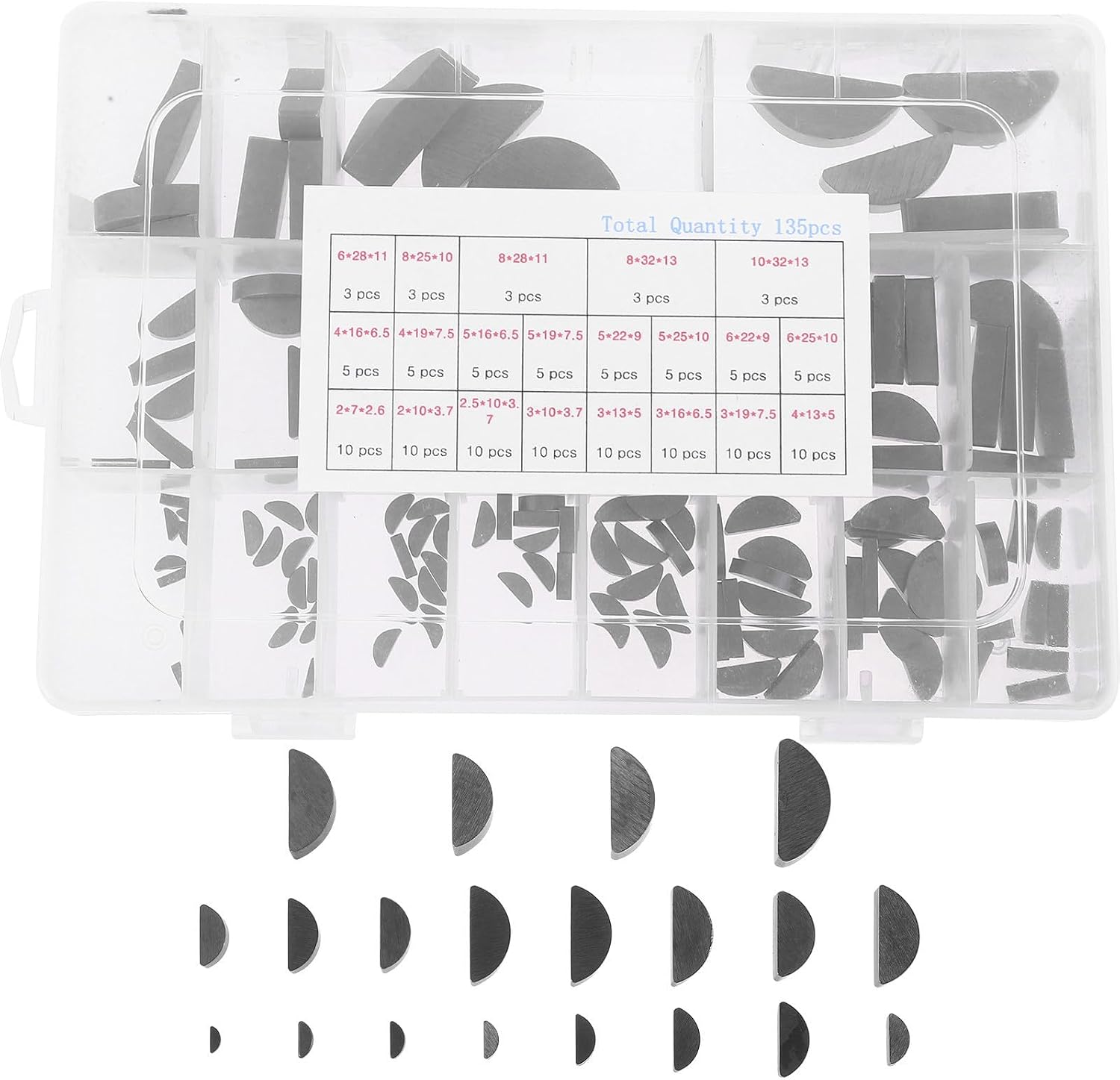 135pcs Half Moon Keyway Assortment Kit Carbon Steel Woodruff Semicircle Keys M2-m10c for Pulleys and Drive Shaft Applications Sturdy Replacement Set