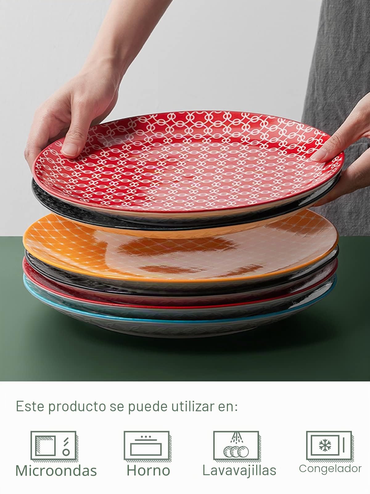 DOWAN Platos de cerámica de 10 pulgadas, juego de platos de ensalada de pasta de porcelana, platos de servir para Acción de Gracias y Navidad, juego de 6, duraderos y grandes, colores vibrantes