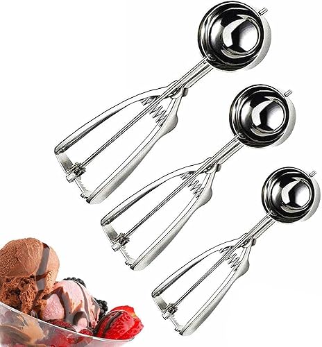 Hovico Juego de cucharas para galletas, juego de cucharadas de helado, 3 piezas de acero inoxidable 188 de helado de gatillo incluye tamaño grande y