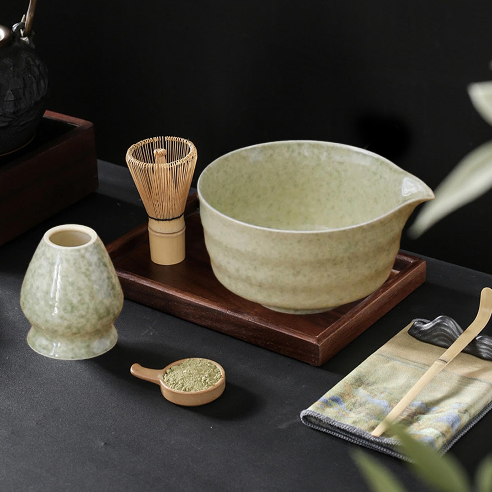 Accessoire Thé Matcha Kit Matcha 5 Pièces Raxfekro | Bol Bec Verseur + Fouet Bambou | Céramique Blanche | Cérémonie Thé Japonais Kit Matcha Céramique