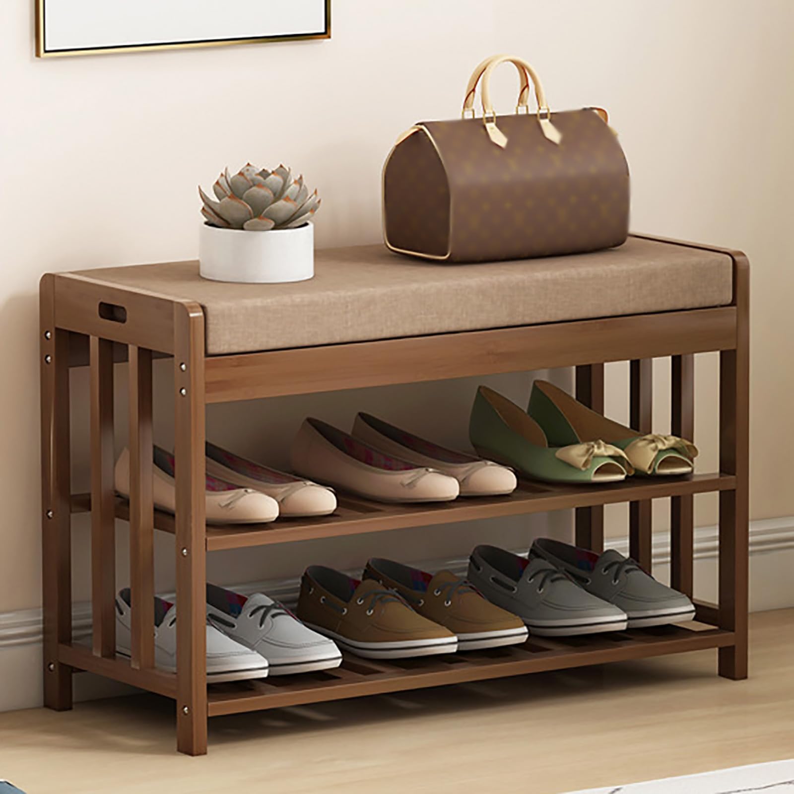 GHFXSCV Multifunctional Bamboo Shoe Bench with Cushioned Seat Open Storage for Entryway Hallway Living Room and Bedroom (27.6" 70cm Basic)