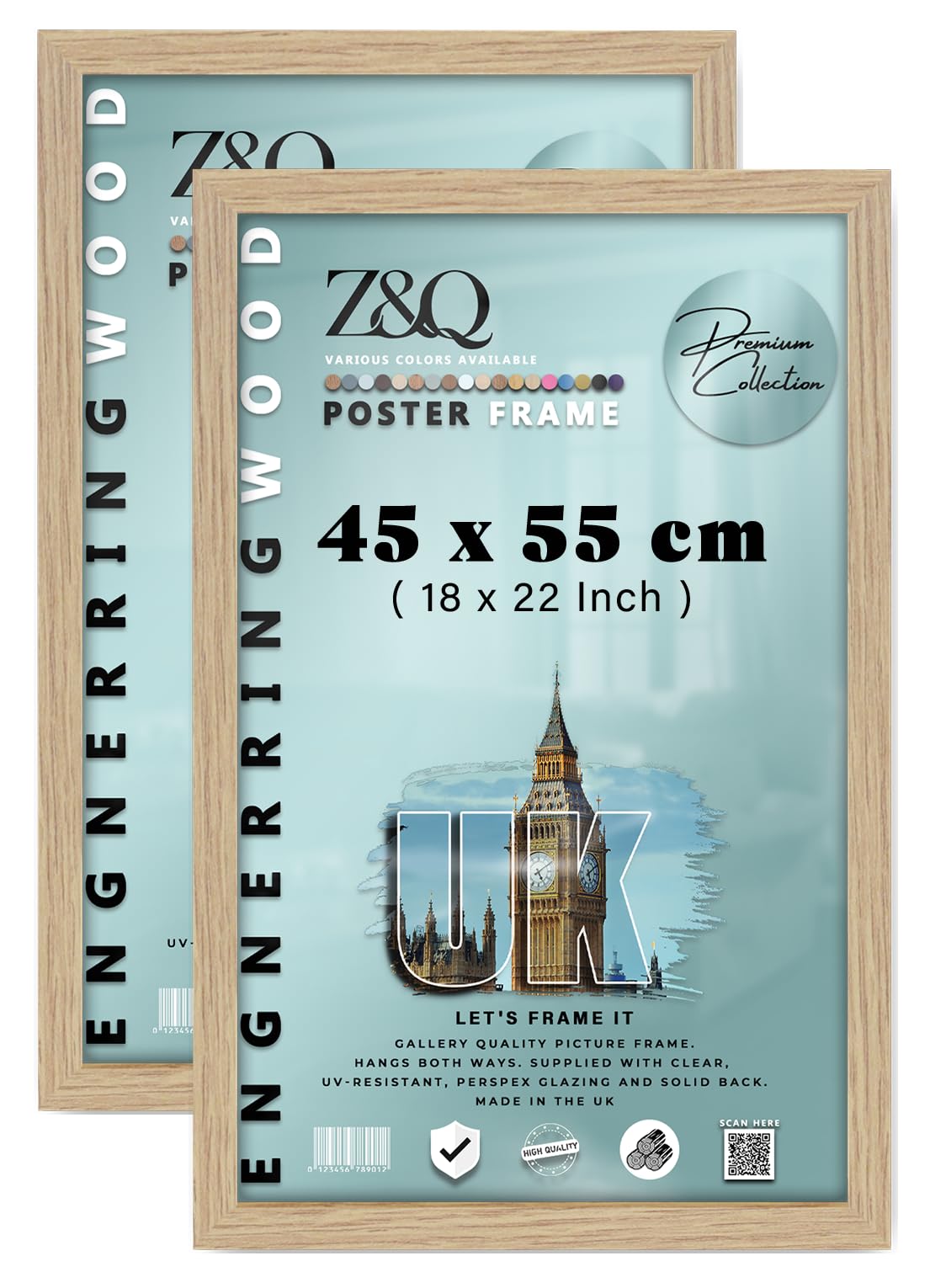 Z&Q Pack of 2 Rectangle Classic Black MDF Wood Finish (45 x 55 CM) Frame for Posters | Eton Wood 18 x 22 Inch For Art Gallery, Home Décor [ Oak ]