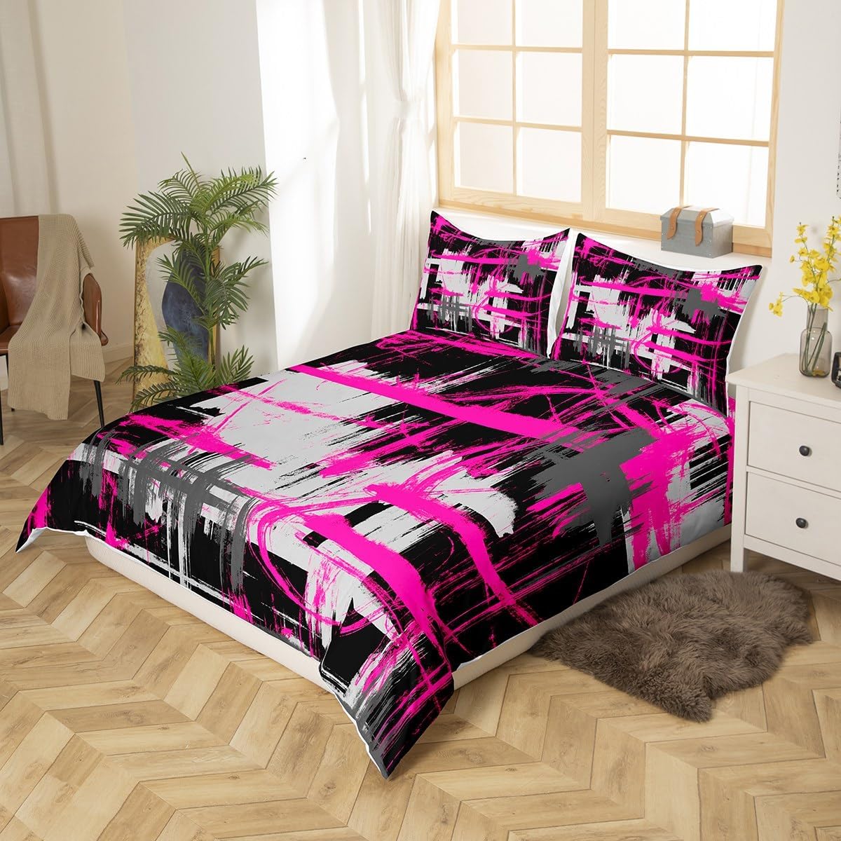 Feelyou Hot Pink Black Grey Bedding Set Twin Size Kids Abstract Art Comforter Cover Set for Boys Teens Modern Striped Art Duvet Cover Breathable Geometric Bedspread Cover Room Decor Quilt Cover