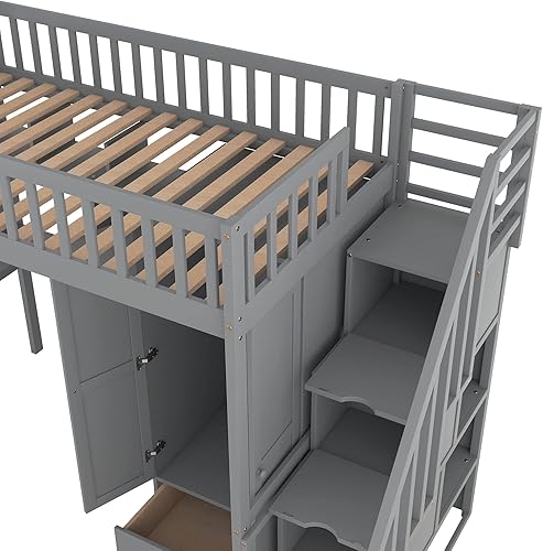 Miniatura 203 de Cama alta funcional tamaño individual con 2 cajones y 2 armarios, base de cama de madera maciza con barandilla de seguridad y escalera de