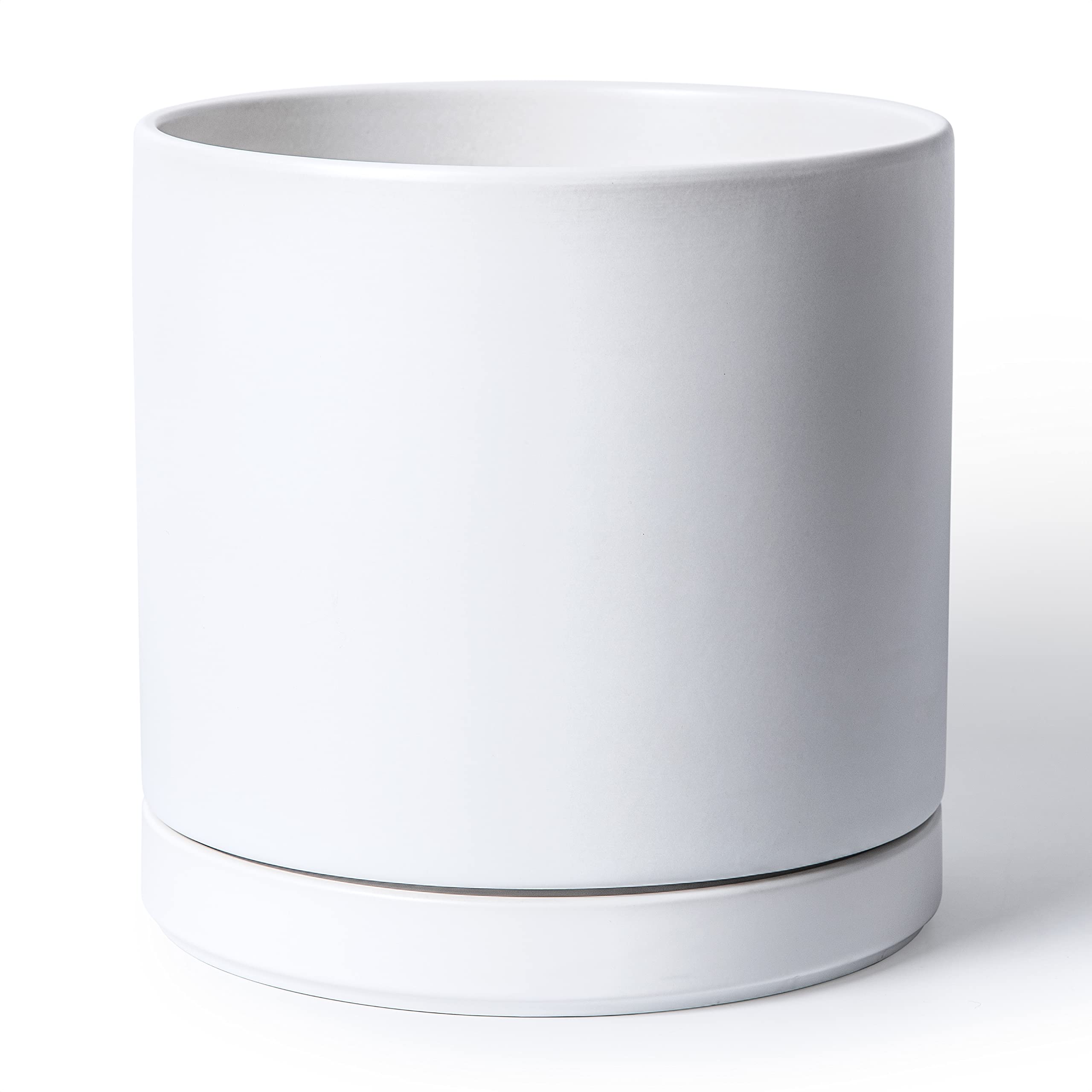D'vine Dev 12 Inch Ceramic Planter Pot with Drainage Hole and Saucer, Indoor Cylinder Round Planter Pot, White, 94-O-F-1 ( Bottom part Broke)