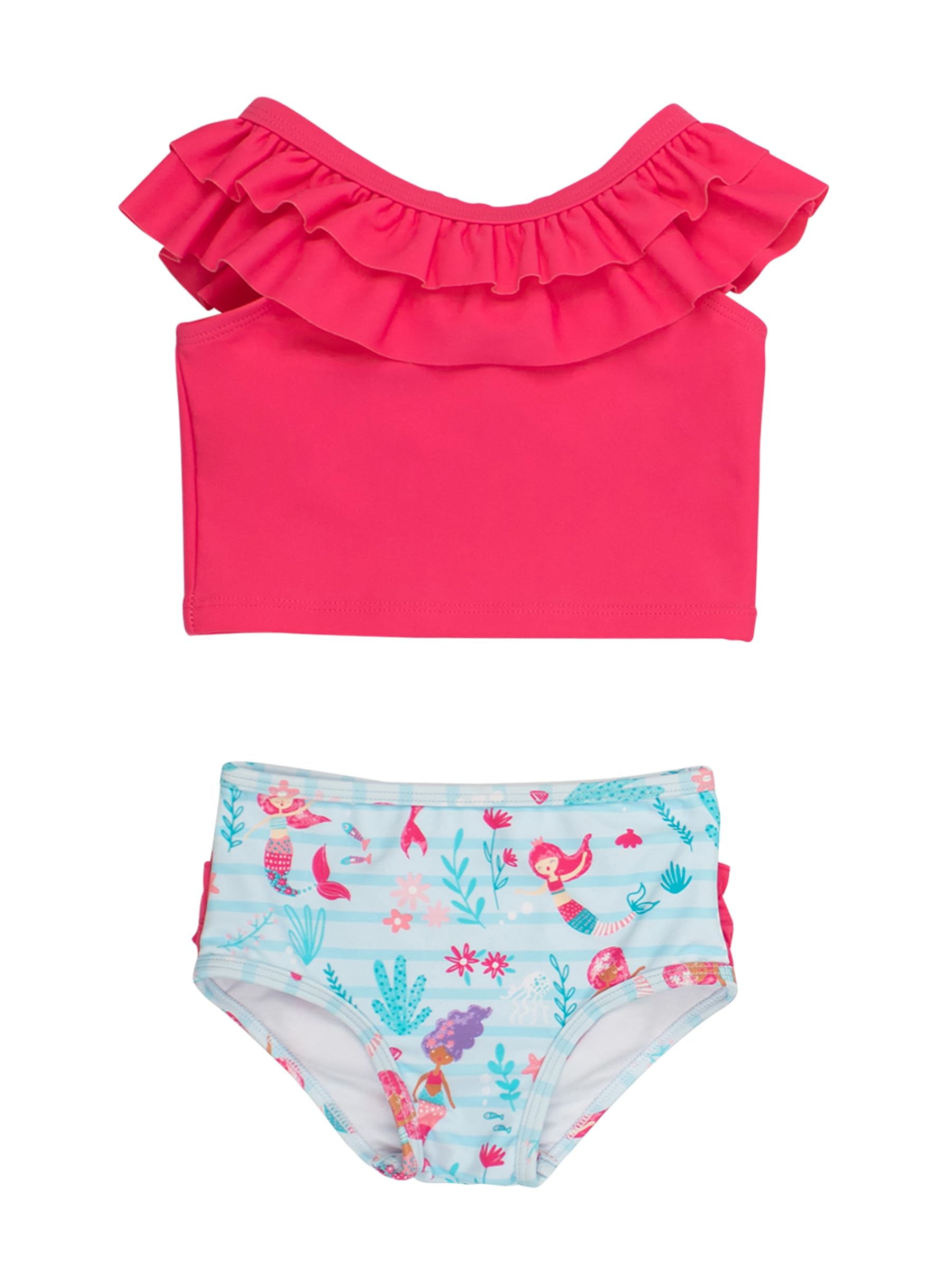 RuffleButts Girls UPF50+ Sun Protection One Shoulder Ruffle Tankini Two Piece Swimsuit | 80% Nylon 20% Spandex, Polyester Lining, Floral Botanical Print, Non-Adjustable Straps, Comfort Fit, Toddler Swimwear