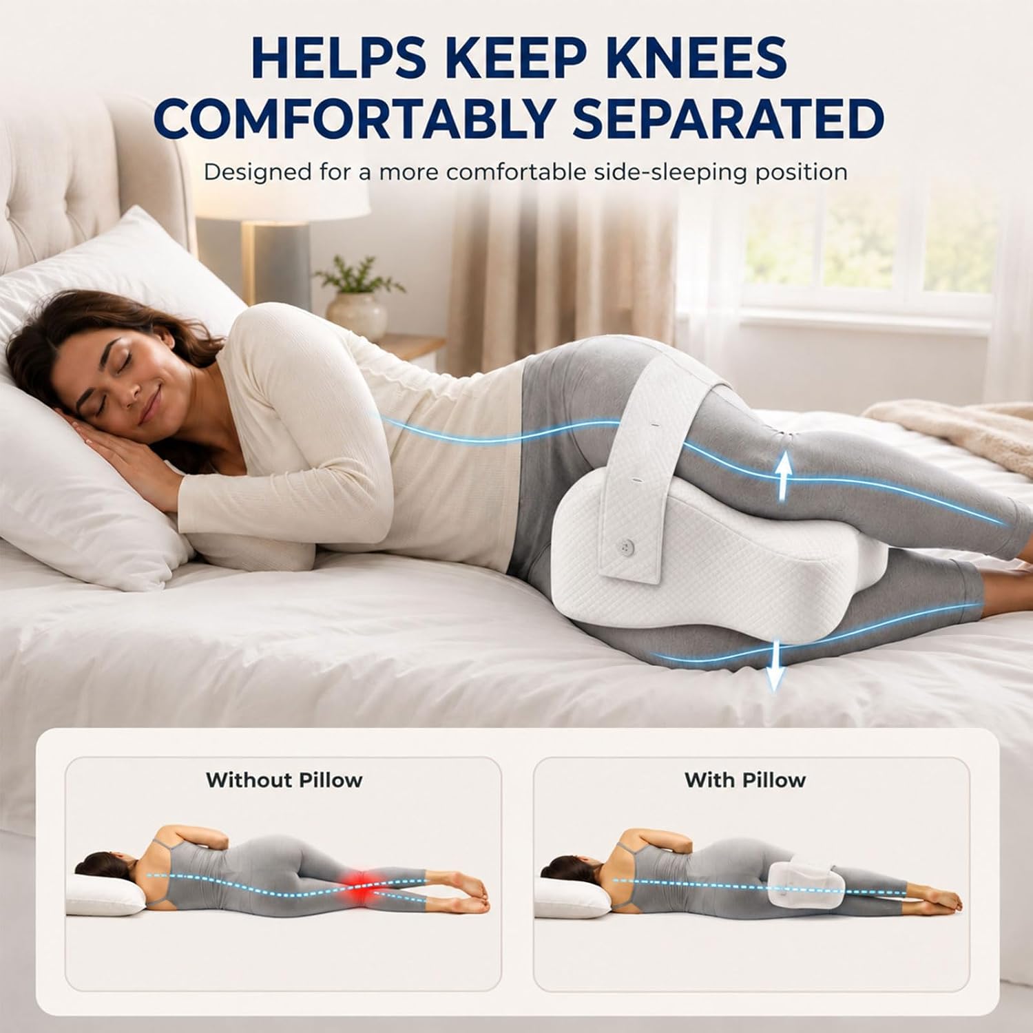 Knee Pillow for Side Sleepers, Memory Foam Leg Pillow for Hip Support | Pillow Between Legs for Side Sleeping, Slow-Rebound Foam, Adjustable Strap, Breathable Washable Cover