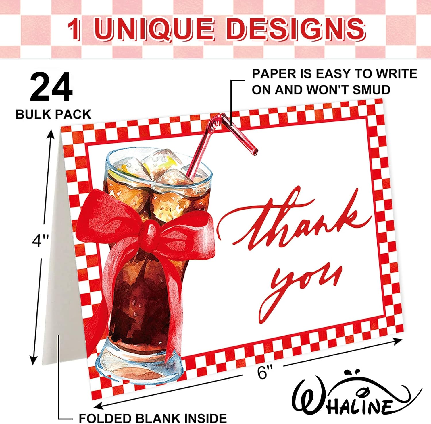 Whaline 24 Pack Thank You Cards Greeting Cards White Red Checkered Soda Theme Blank Note Card with Envelopes Stickers for Summer Birthday Bridal Baby Shower, 4 x 6 Inch - Image 2