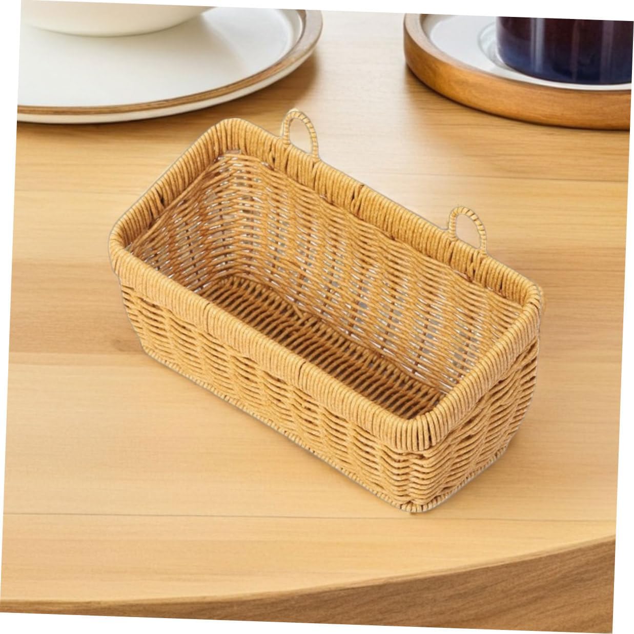 Garneck 2pcs Kitchen Hanging Woven Basket Set, Plastic Rattan Storage Bins for Garlic, Ginger, Fruits, and Eggs, Wall Mounted Kitchen Organizer for Vegetable and Produce Storage