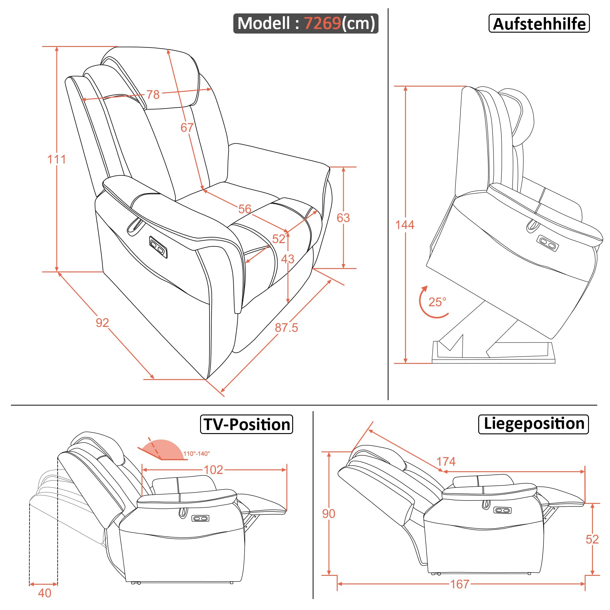 M MCombo Fernsehsessel mit Aufstehhilfe Elektrisch, 2 Rollen für Mobilität, Massage & Heizung, Verstellbare Kopfstütze, Sessel mit Aufstehhilfe 35D Vollschaum-Sitzkissen 7269 (Beige-Stoff)