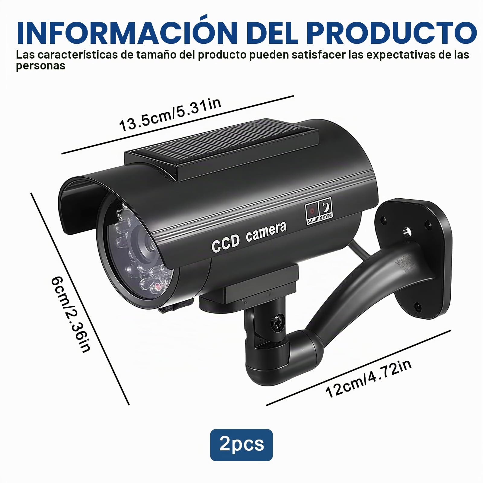 Sporgo 2 piezas de cámara falsa exterior: Cámara solar falsa de vigilancia con luz LED roja intermitente, cámara falsa de vigilancia falsa para interior y exterior (Negro A)