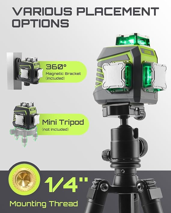 LasGoo Laser Level 3x360 Self Leveling, 3D Green Cross Line Laser for Construction and Picture Hanging, LASGOO 197ft Laser Measurement Tool, Laser Distance Meter with Ft/in/M Multiple