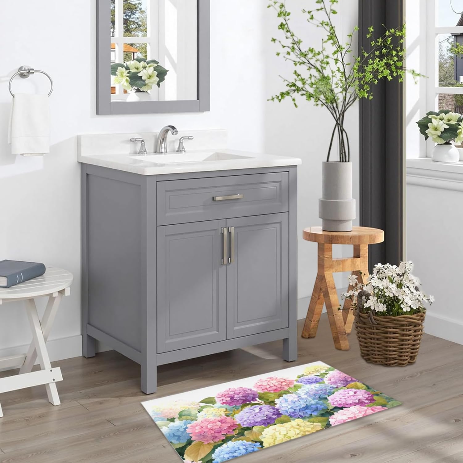 Hydrangea Bath Rug Spring Summer Bath Mat 20x32 Inch Purple Pink Blue Hydrangea Flowers Bathroom Rug Non Slip Absorbent Doormat for Bathroom Entryway Living Room