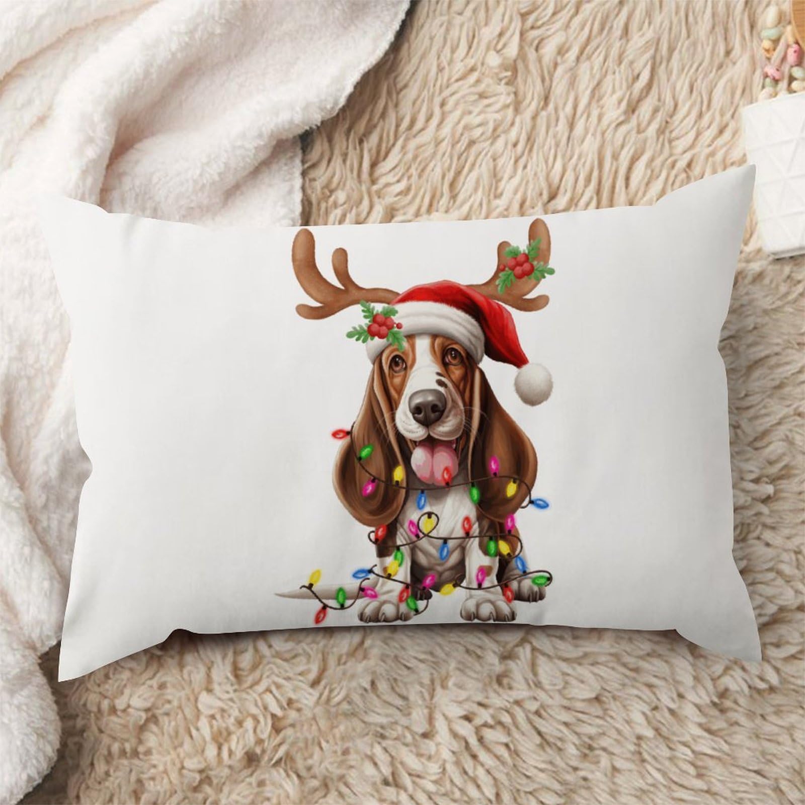 WoGuangis Dog Lover Gift Cushion Cover Basset Hound Christmas Antlers Decorative Pillow Covers Basset Hound Xmas Dog Sofa Pillowcase with Zipper for