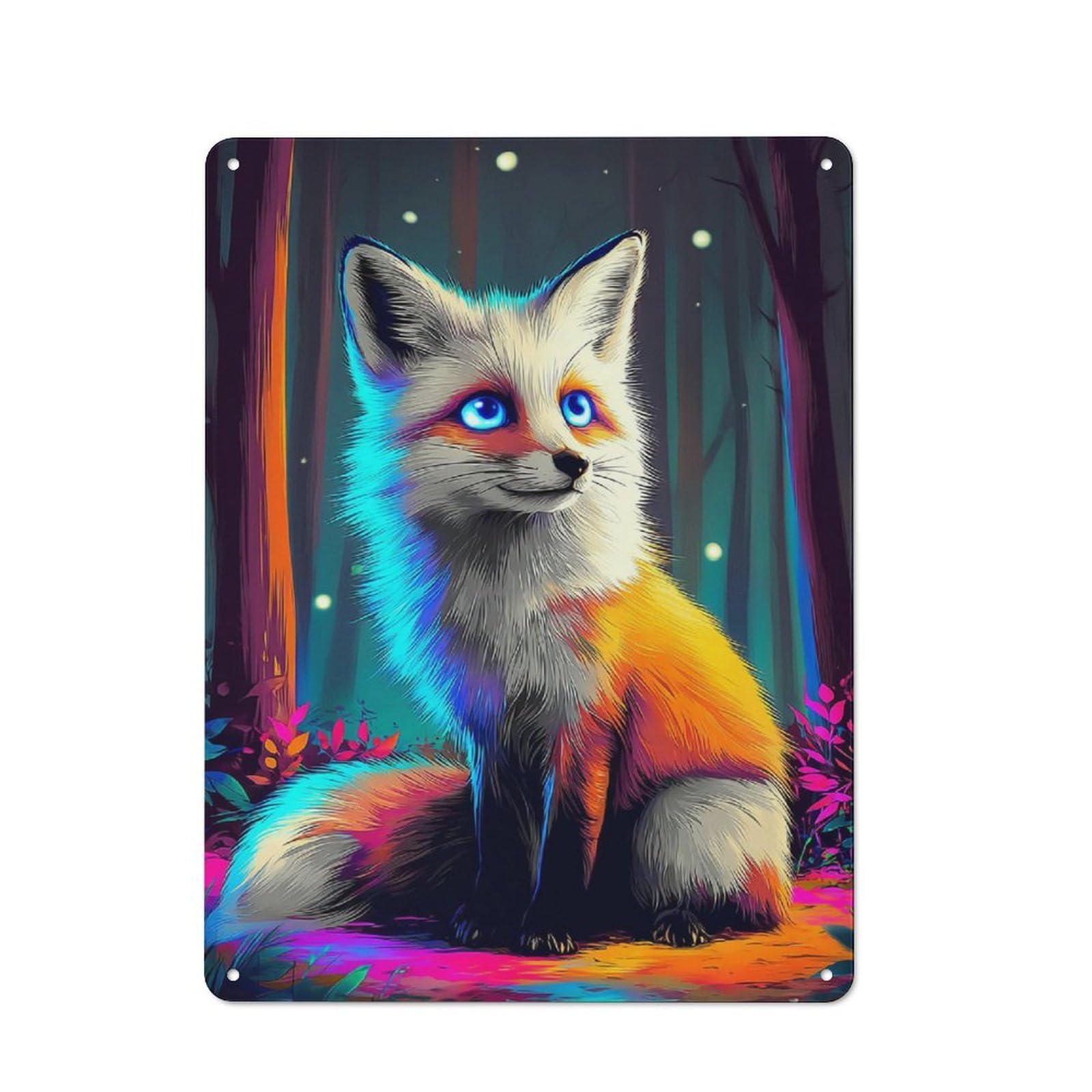 Office Metal Sign with Neon Fox in Enchanted Forest -1 Design 40x30cm, Classic Study Room Decor for Office, Study, Studio Or Hallway