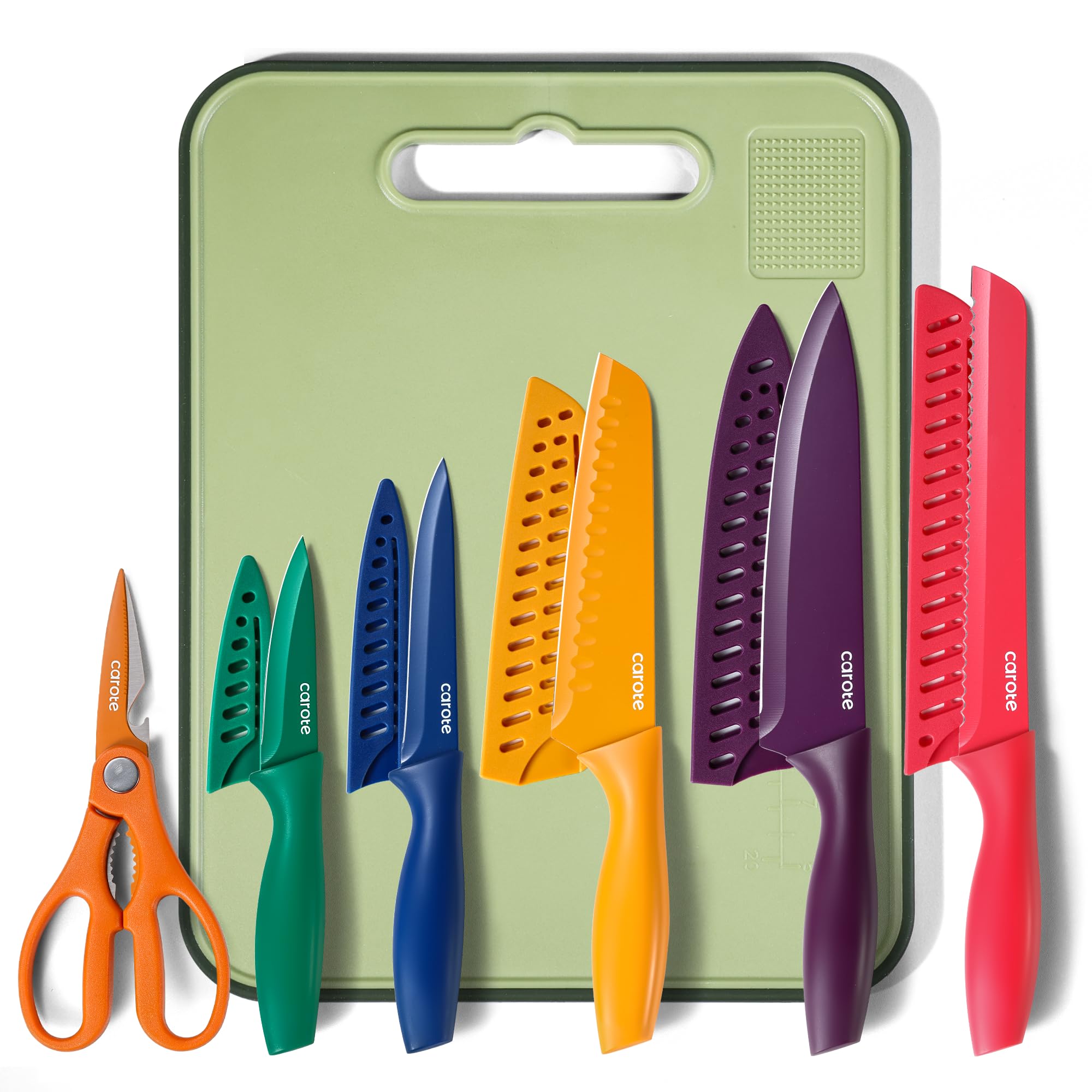 CAROTE Knife Set, 12 Pieces Kitchen Knives with 5 Blade Guards &amp; Kitchen Shears &amp; Non-Slip Cutting Board, 5 Stainless Steel Knife, Dishwasher Safe, Ceramic Surface