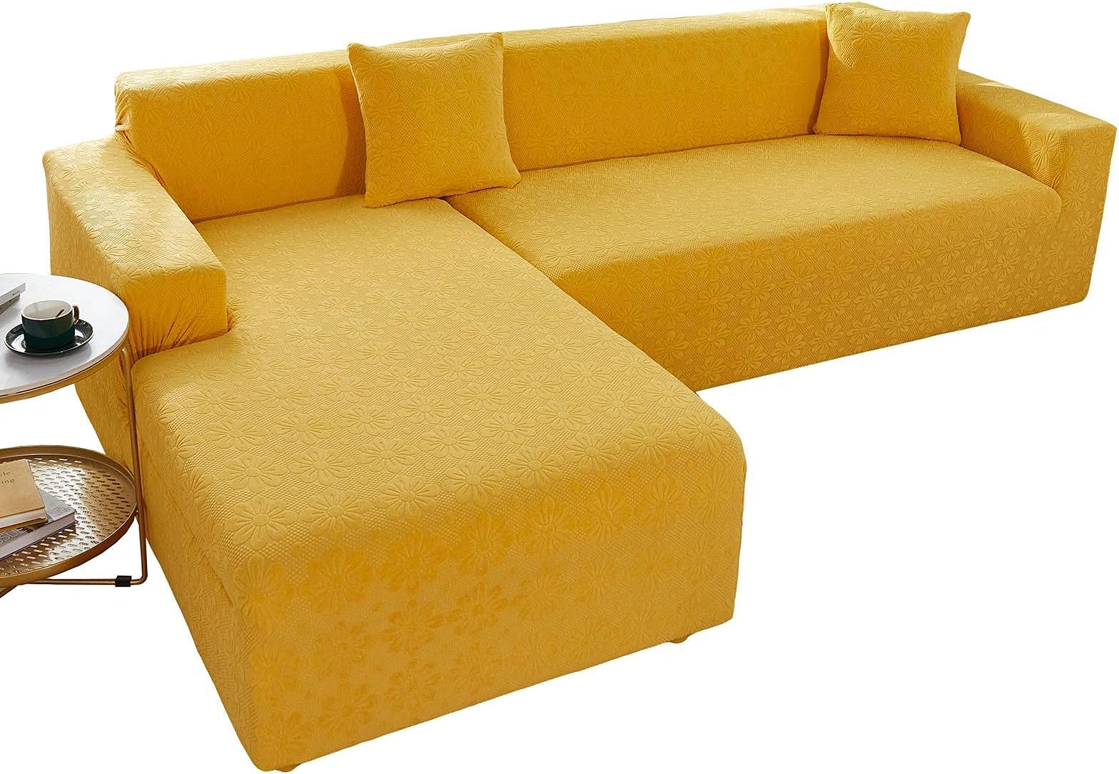Stretch Sectional Couch Covers, 2 Piece L Shaped Chaise Lounge Sofa Covers Jacquard Washable Non Slip Sofa Slipcover Furniture Protector for Living Room,yellow,2+3 Seater