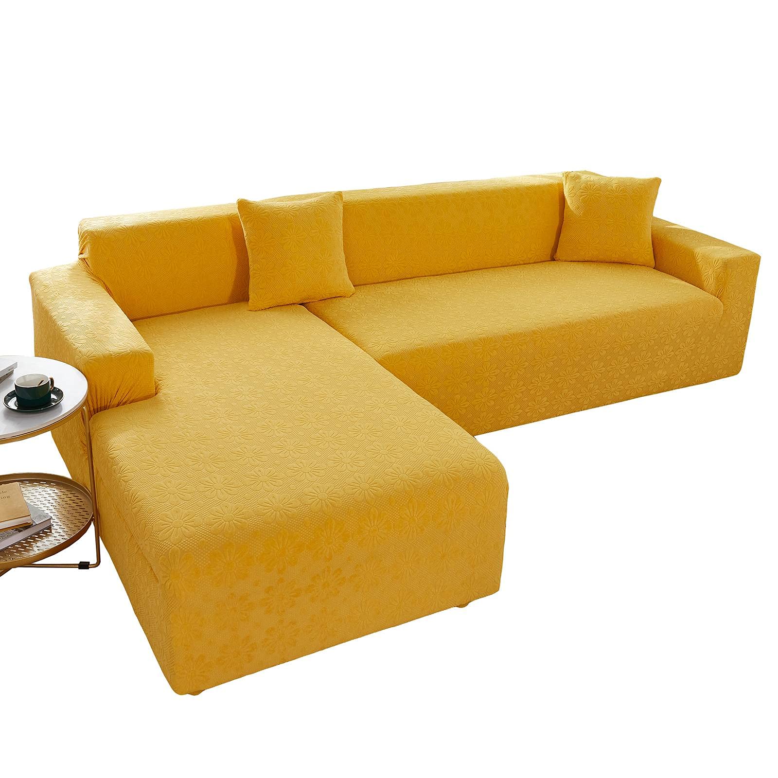 Stretch Sectional Couch Covers, 2 Piece L Shaped Chaise Lounge Sofa Covers Jacquard Washable Non Slip Sofa Slipcover Furniture Protector for Living Room,yellow,2+3 Seater