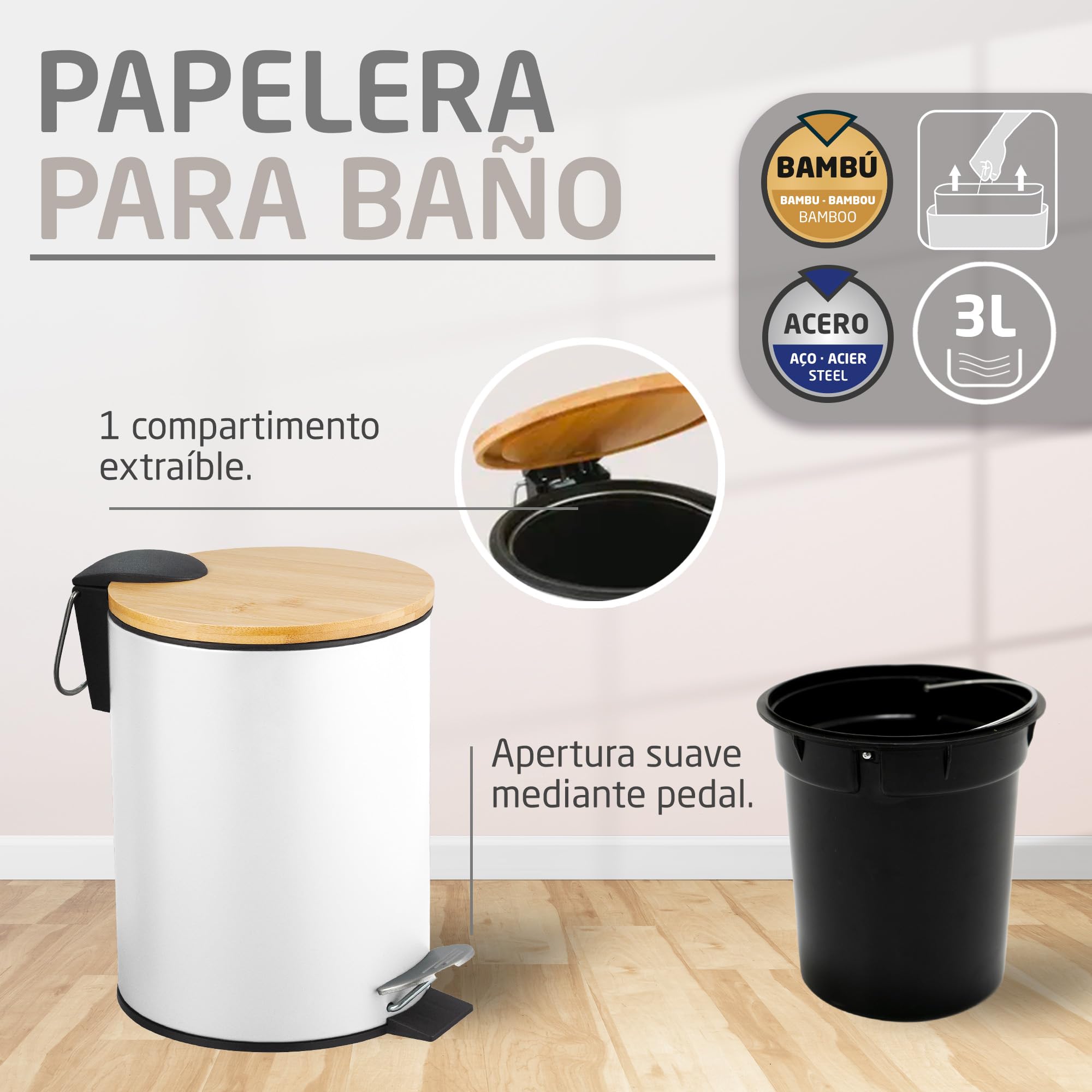 Amig - Pack de Papelera y Escobillero Naturline - Ø168 x 230 mm - Acero y Bambú - Color Blanco - Juego de Baño Compacto y Coordinado - Ideal para Espacios Modernos y Naturales